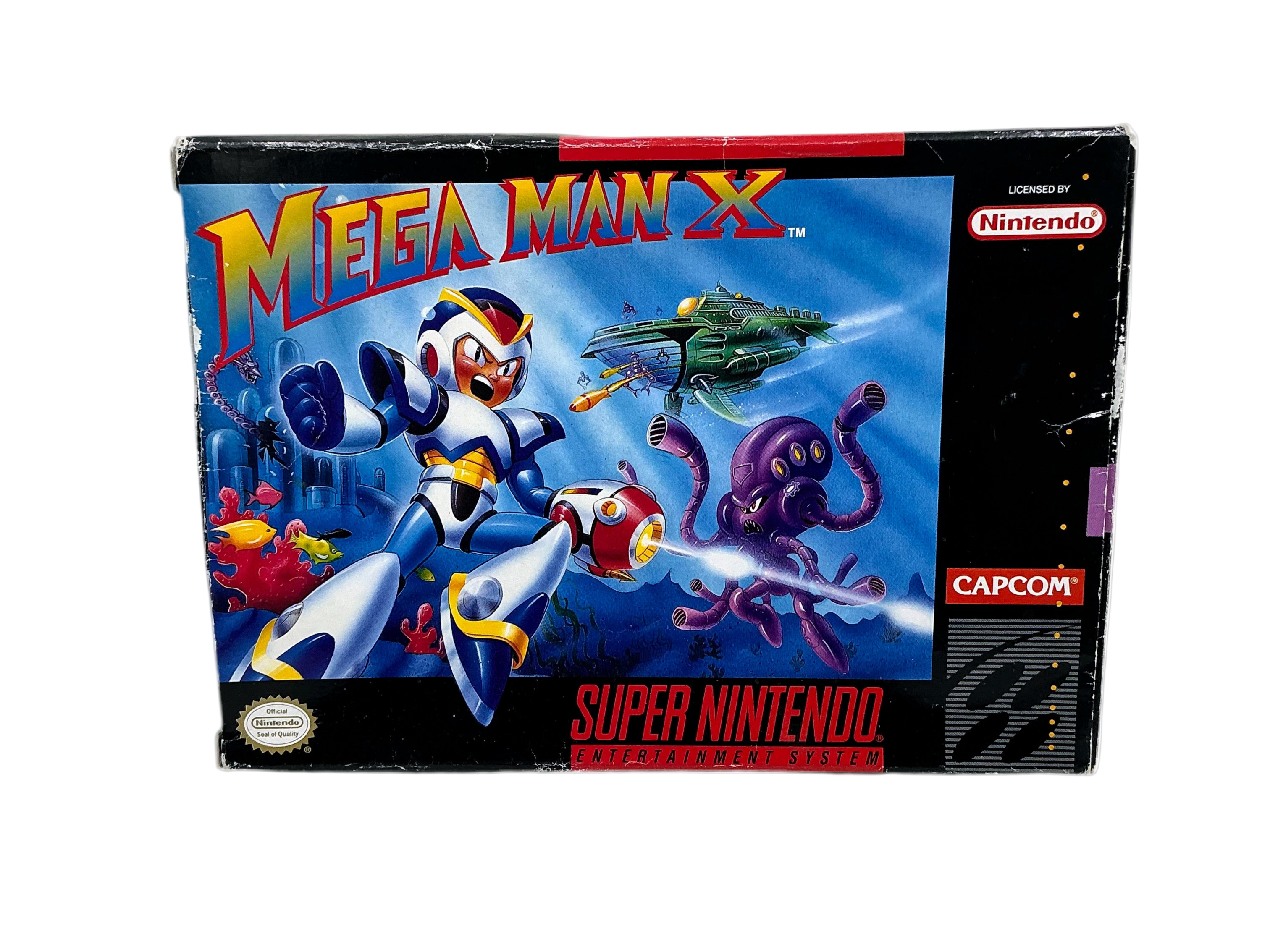 Super Nintendo Entertainment System (SNES) game cartridge box for 'Mega Man X' featuring the character Mega Man and enemies.