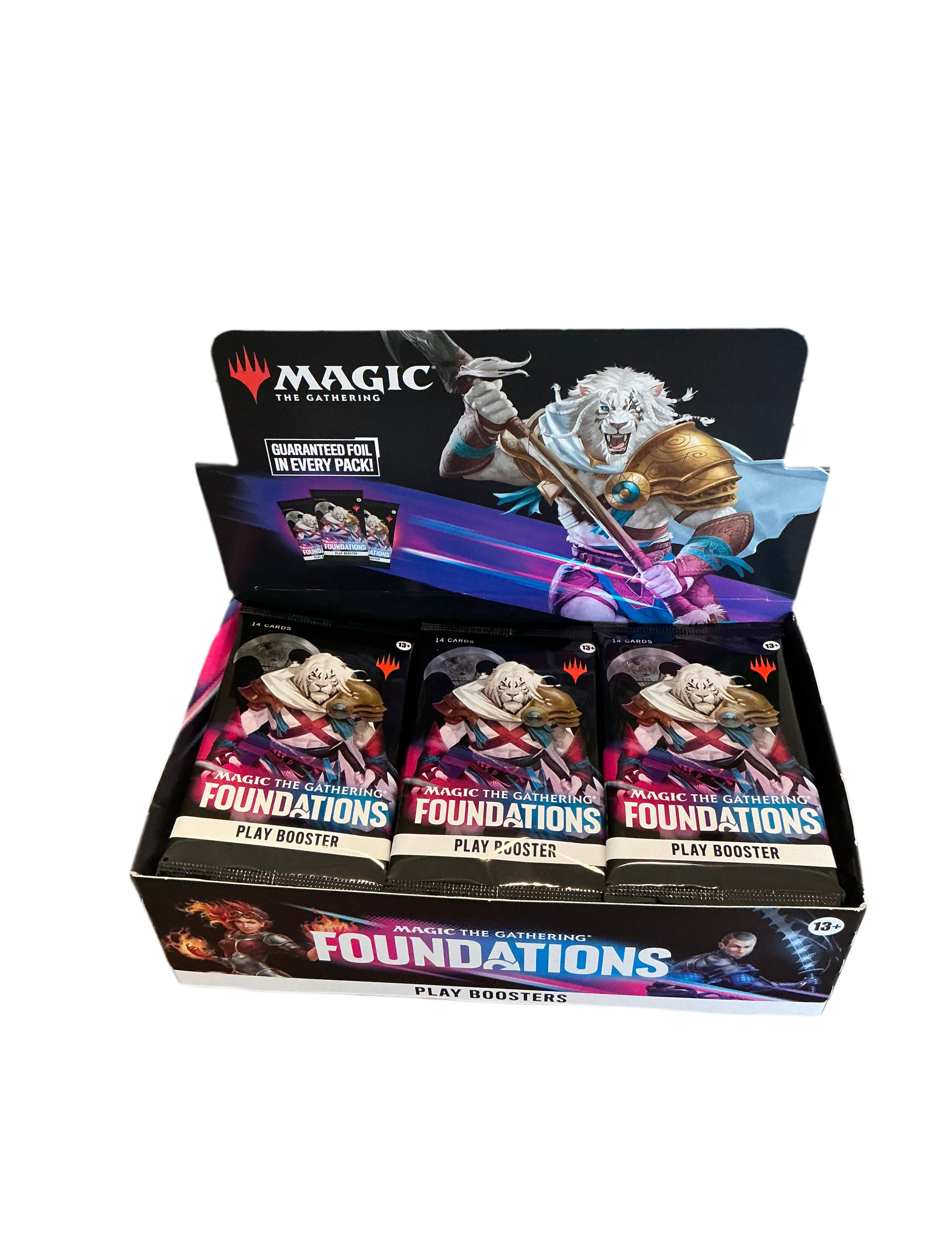 An open booster pack of Magic the Gathering Foundations full of booster packs.