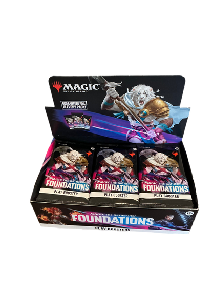 An open booster pack of Magic the Gathering Foundations full of booster packs.