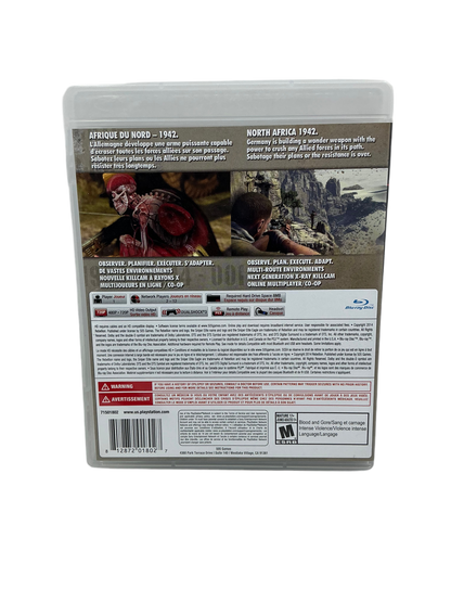 Back of Sniper Elite III game disc case with scenes and text on a white background.