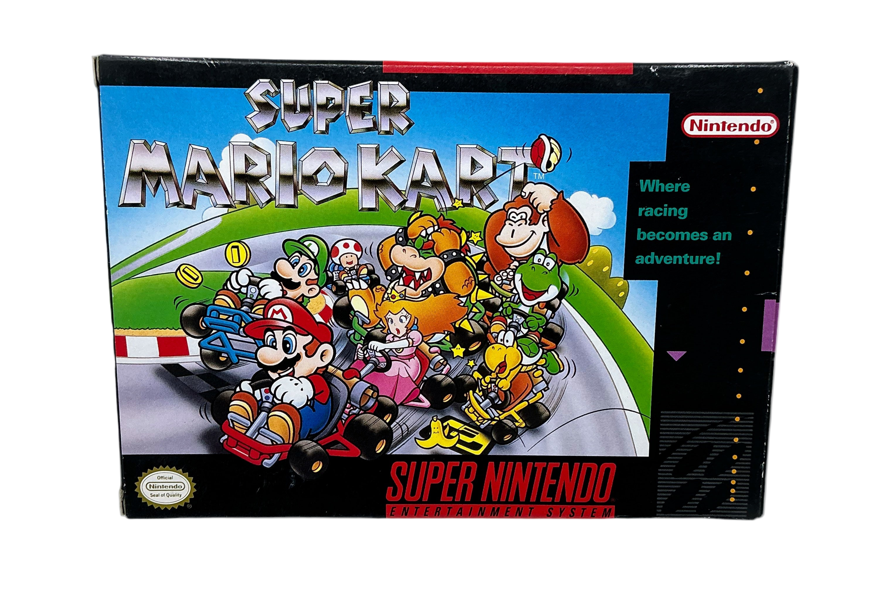 Super Mario Kart game case for Super Nintendo with characters on a racetrack