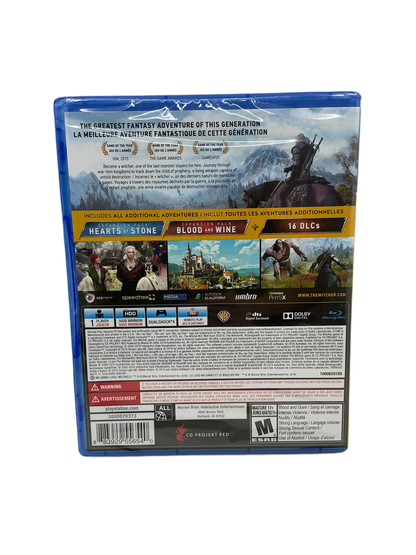 Back cover of The Witcher III video game disc with graphics and text on a transparent background