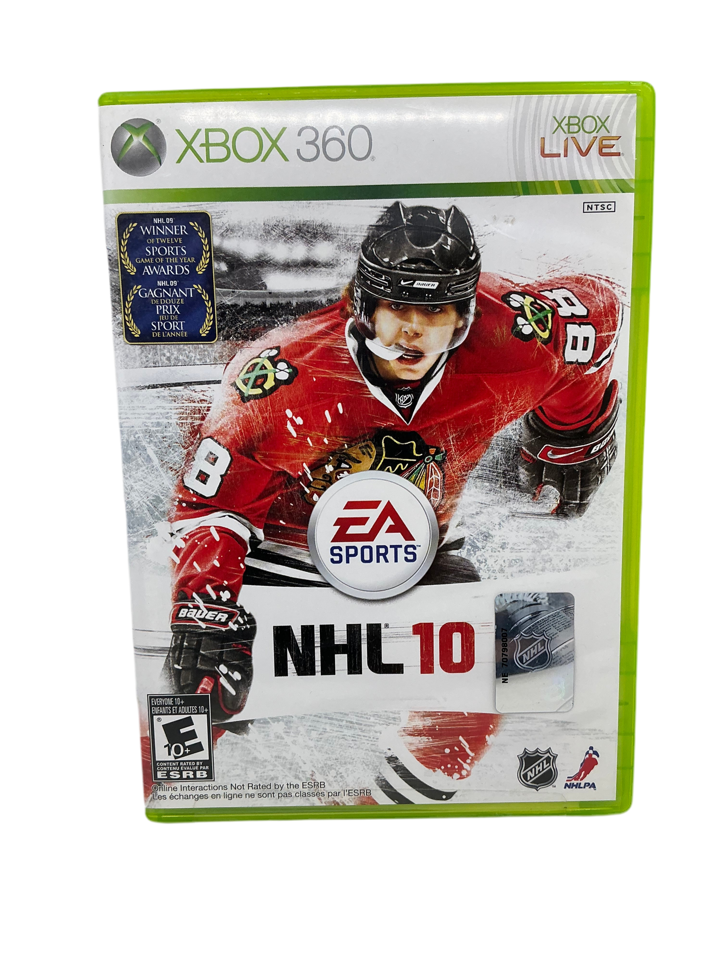 Front cover of the NHL 10 game disc for XBox 360 on a transparent background.