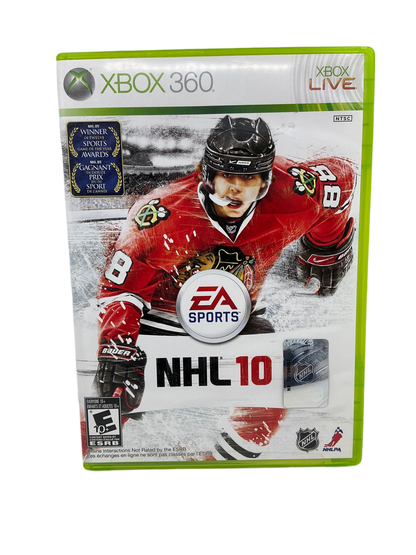 Front cover of the NHL 10 game disc for XBox 360 on a transparent background.