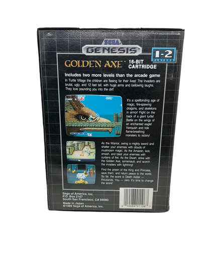 Back of Golden Axe game case for Sega Genesis on a transparent background.
