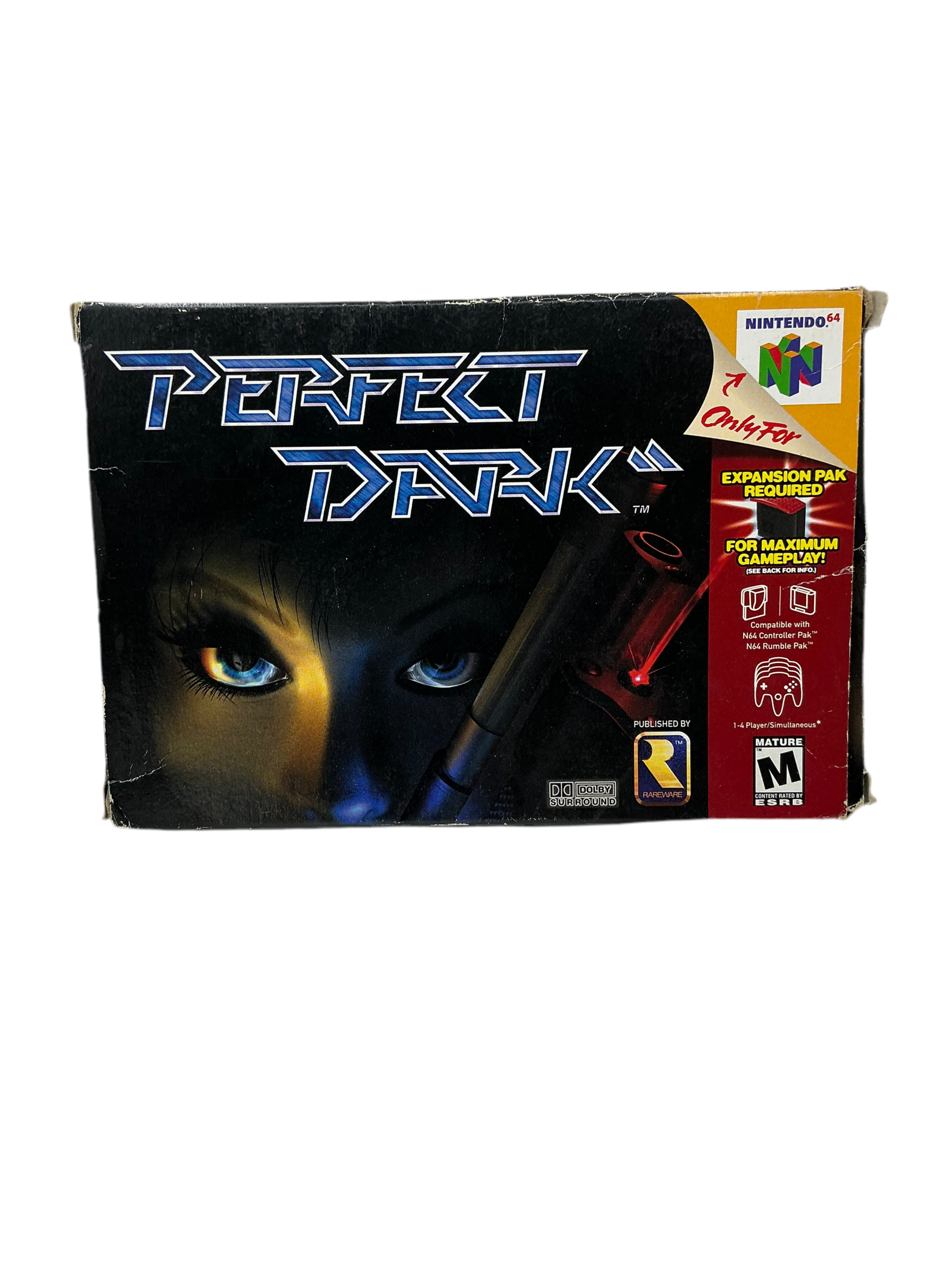 Box of 'Perfect Dark' for Nintendo N64 with a cat's face design on the cover.