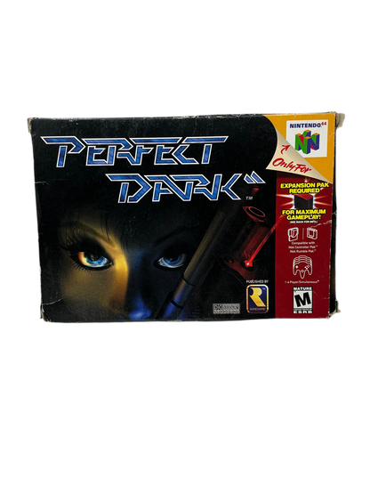 Box of 'Perfect Dark' for Nintendo N64 with a cat's face design on the cover.