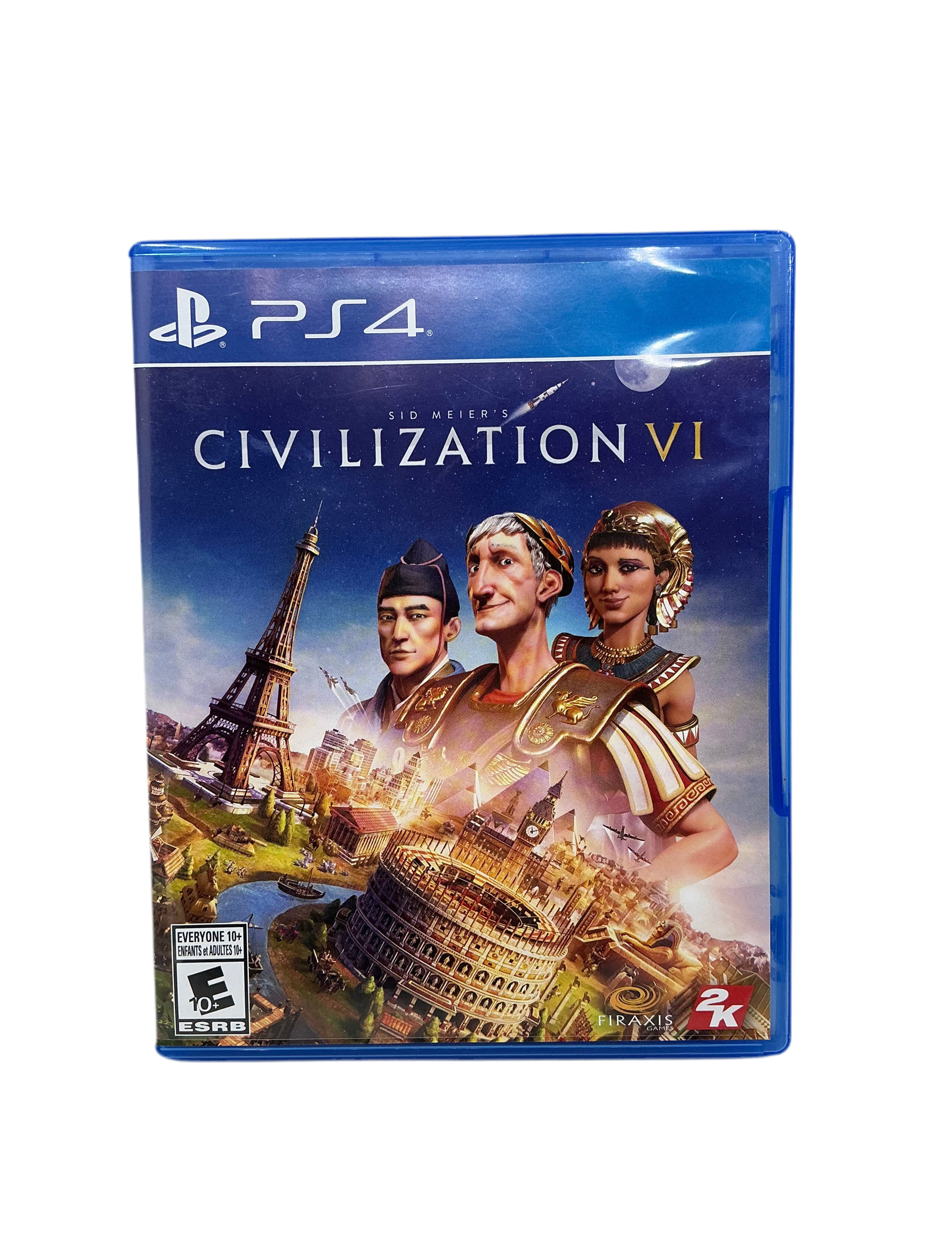 PlayStation 4 game case for 'Civilization VI' with characters and landmarks on a blue background