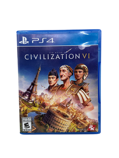 PlayStation 4 game case for 'Civilization VI' with characters and landmarks on a blue background