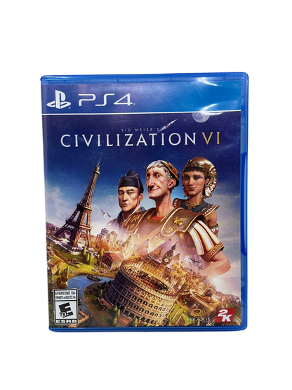 PlayStation 4 game case for 'Civilization VI' with characters and landmarks on a blue background