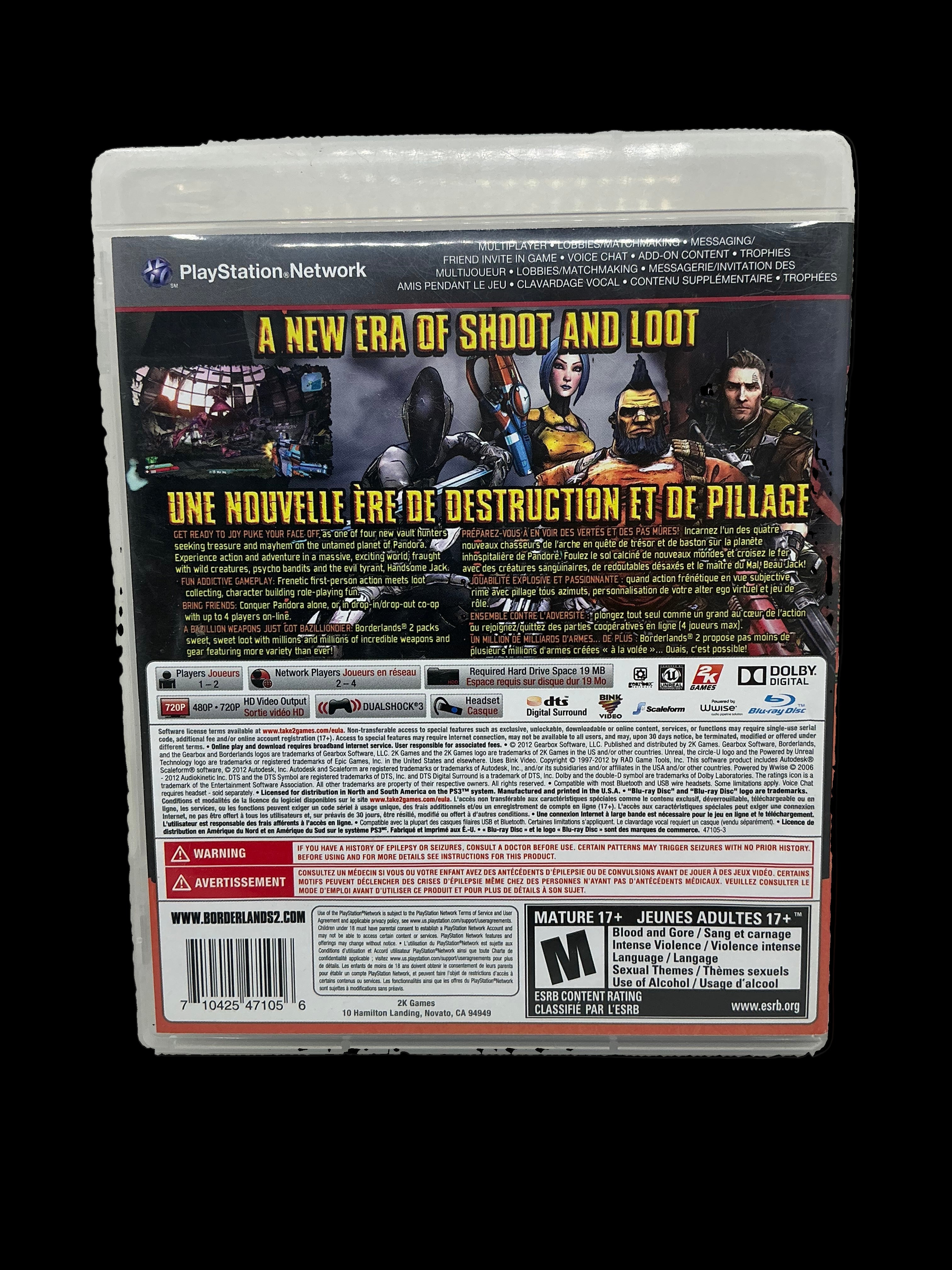 Back of Borderlands 2 video game case with cover art and text on a white background