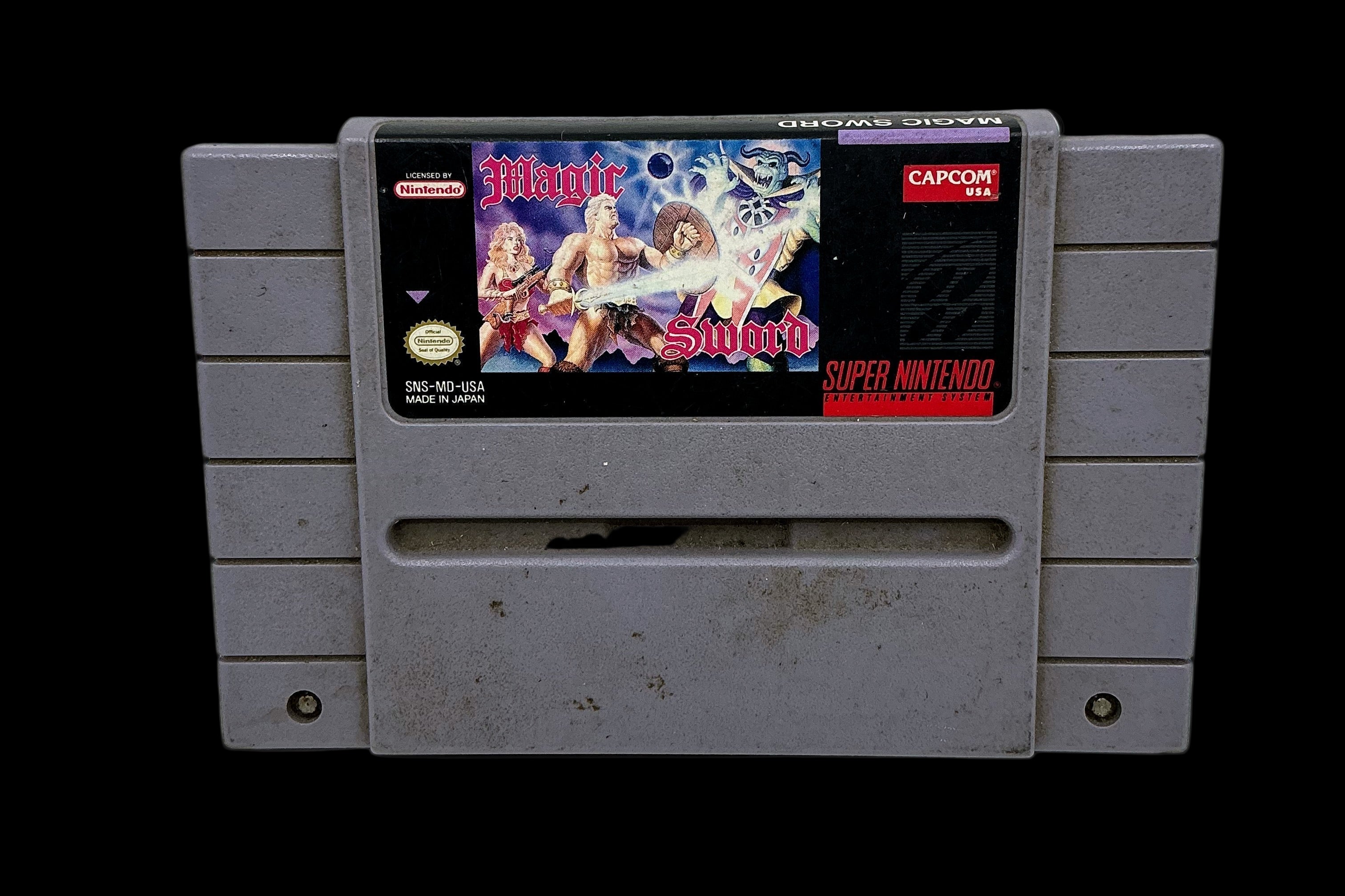 Super Nintendo Entertainment System game cartridge with 'Magic: The Gathering' artwork on a white background