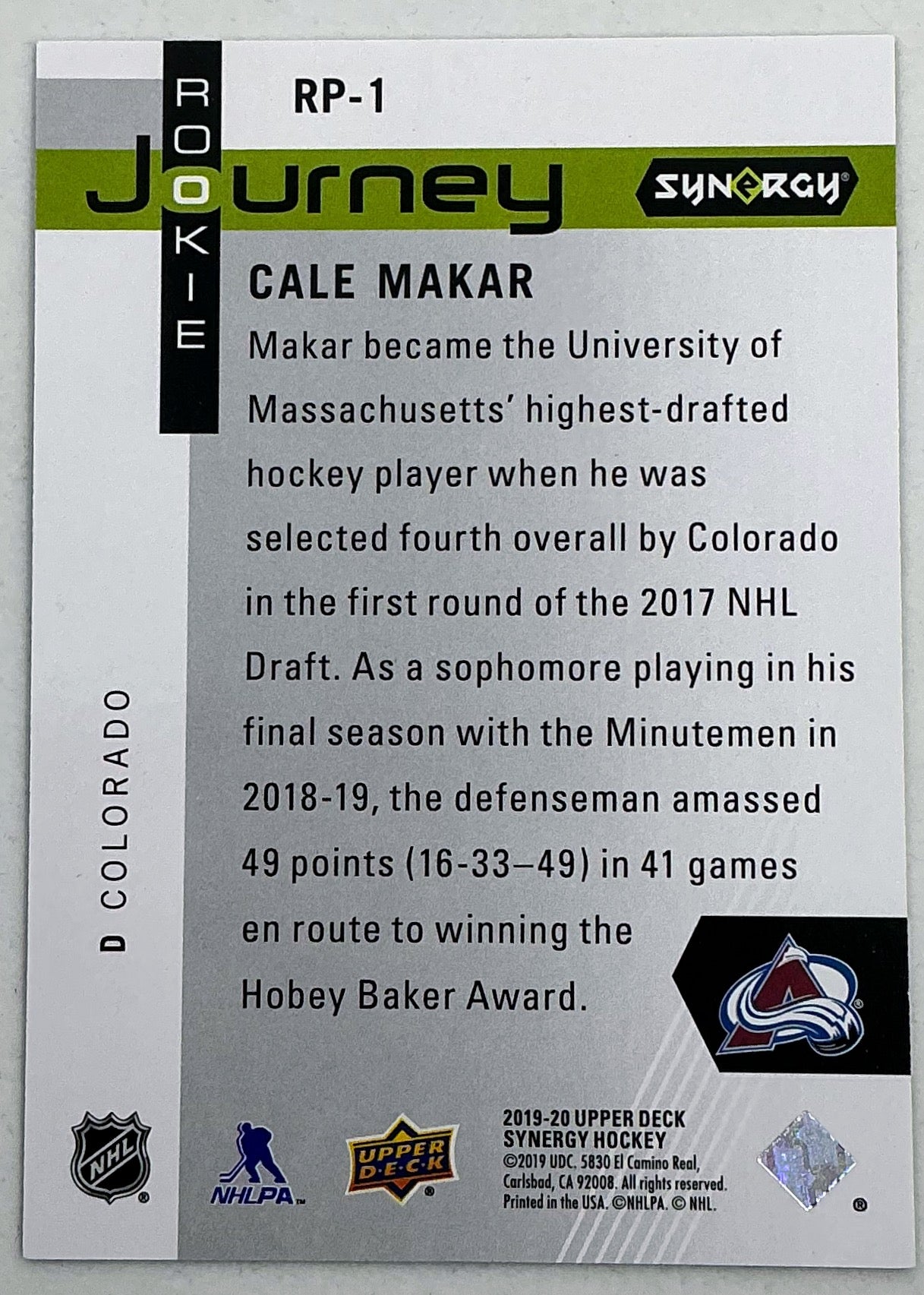 2019-2020 UD Synergy Rookie Journey Cale Makar #RP-1 /999