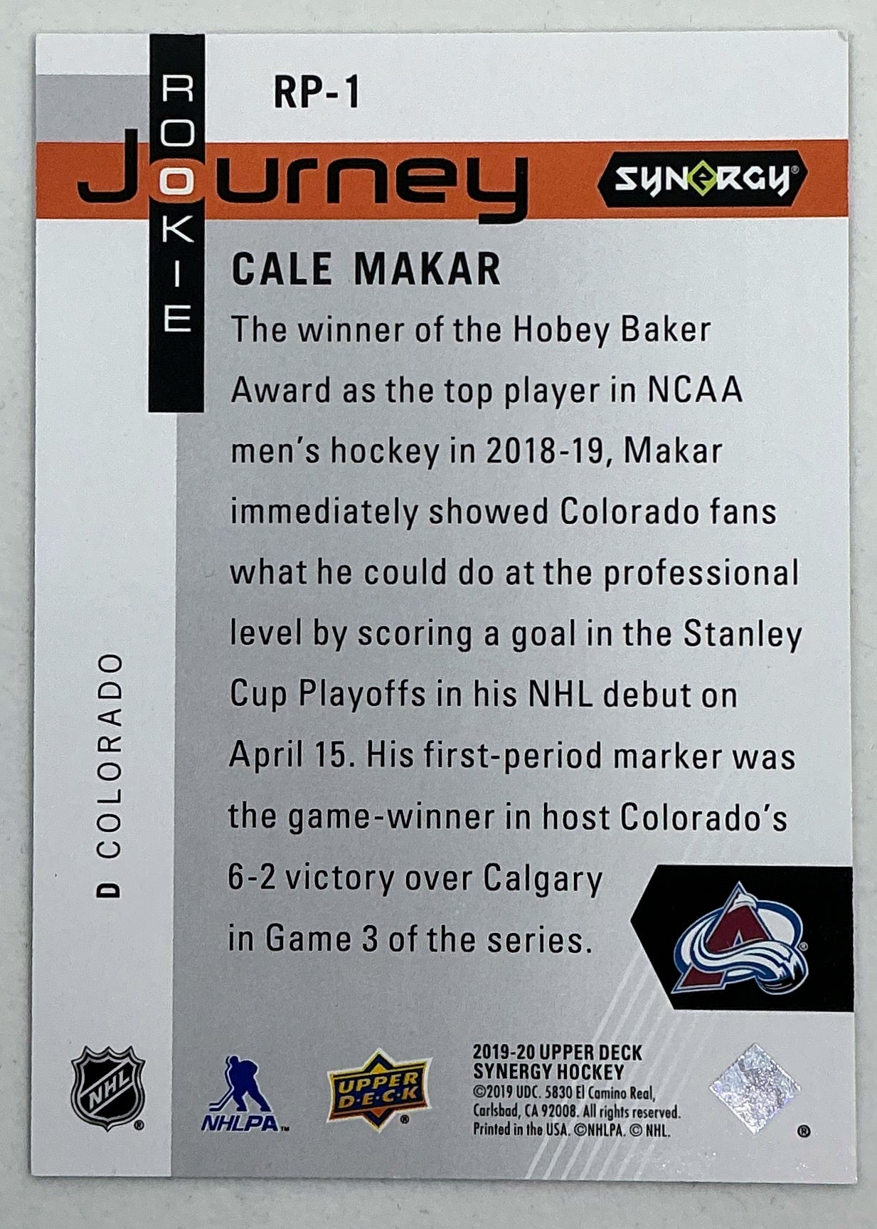2019-2020 UD Synergy Rookie Journey Cale Makar #RP-1 /799