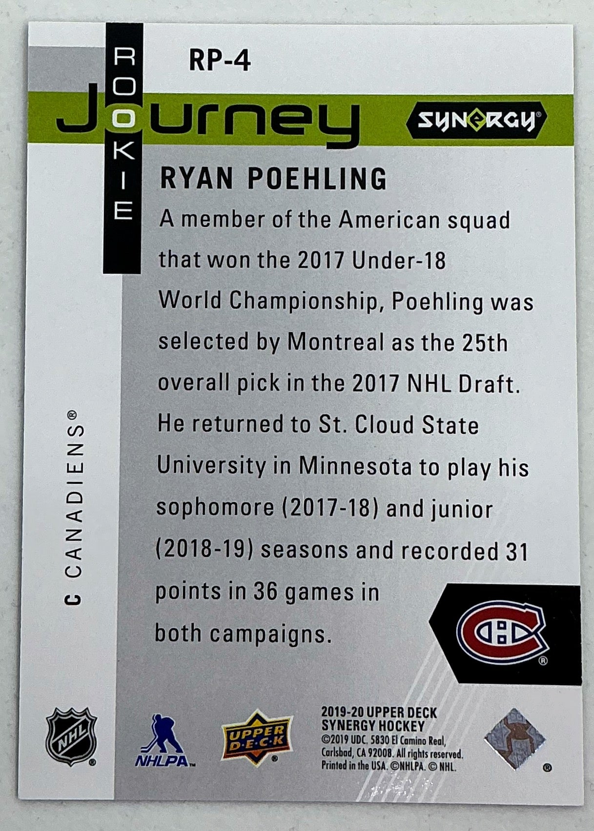 2019-2020 UD Synergy Rookie Journey Ryan Poehling #RP-4 /999