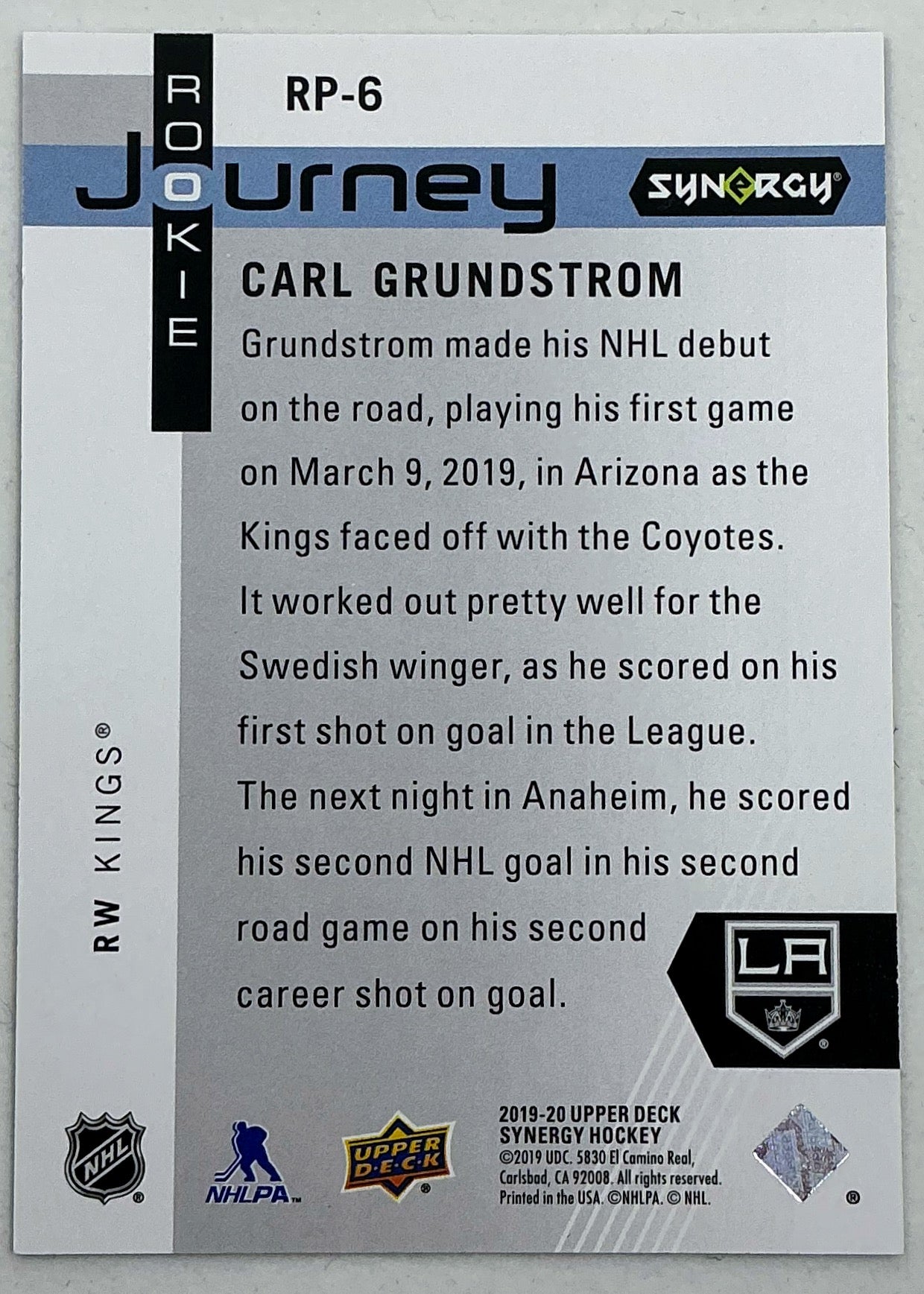 2019-2020 UD Synergy Rookie Journey Carl Grundstrom #RP-6 /899