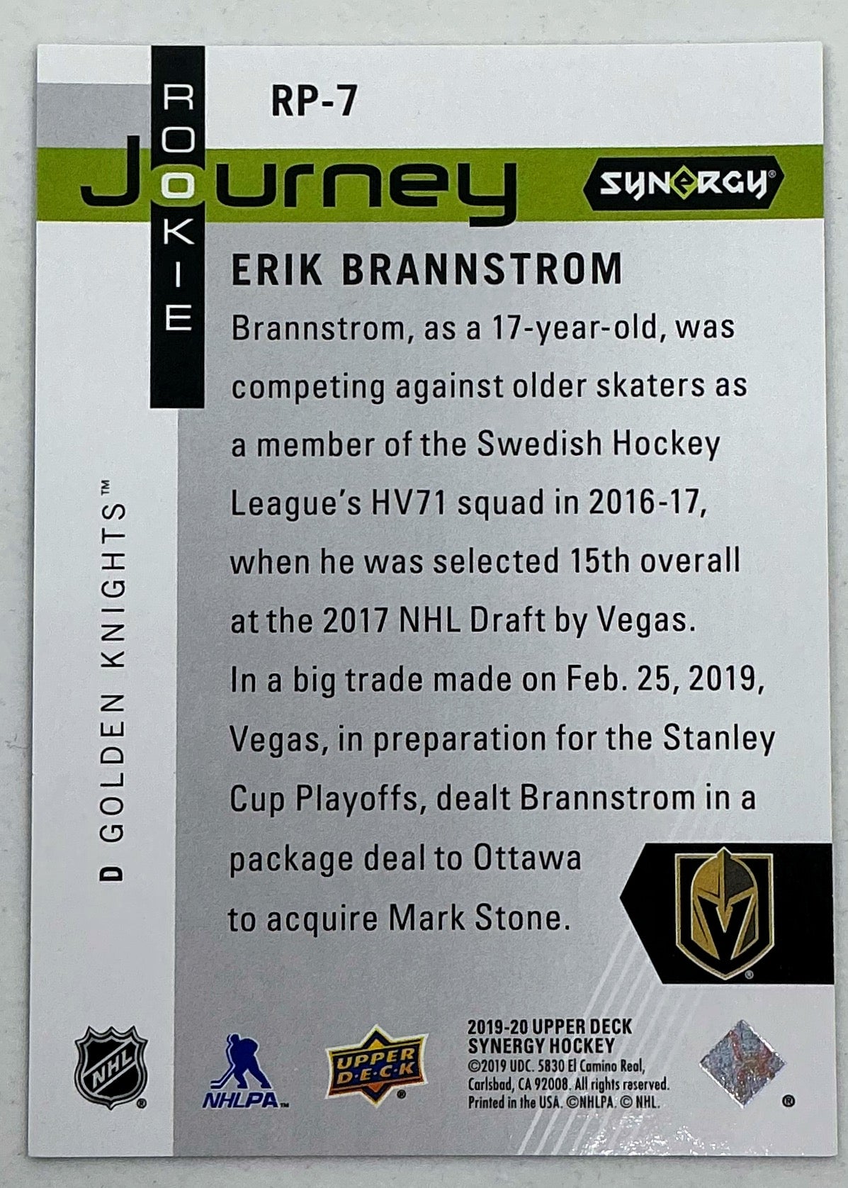 2019-2020 UD Synergy Rookie Journey Erik Brannstrom #RP-7 /999