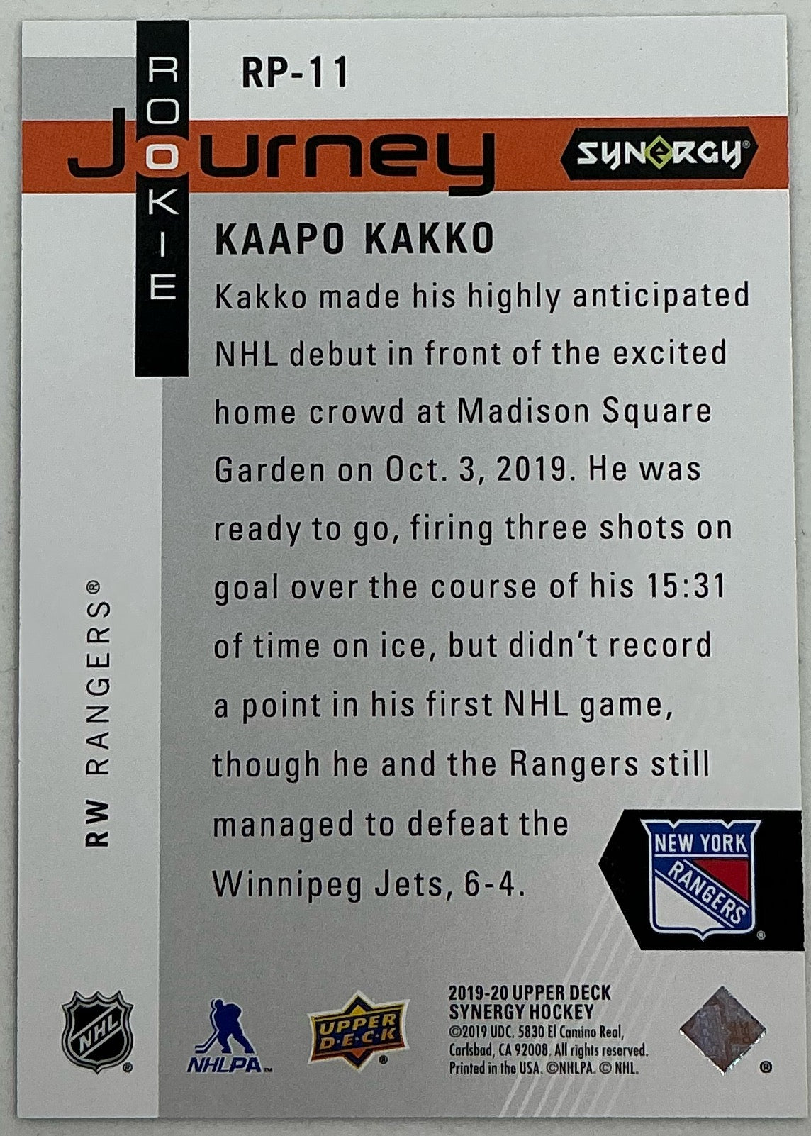 2019-2020 UD Synergy Rookie Journey Kaapo Kakko #RP-11 /799