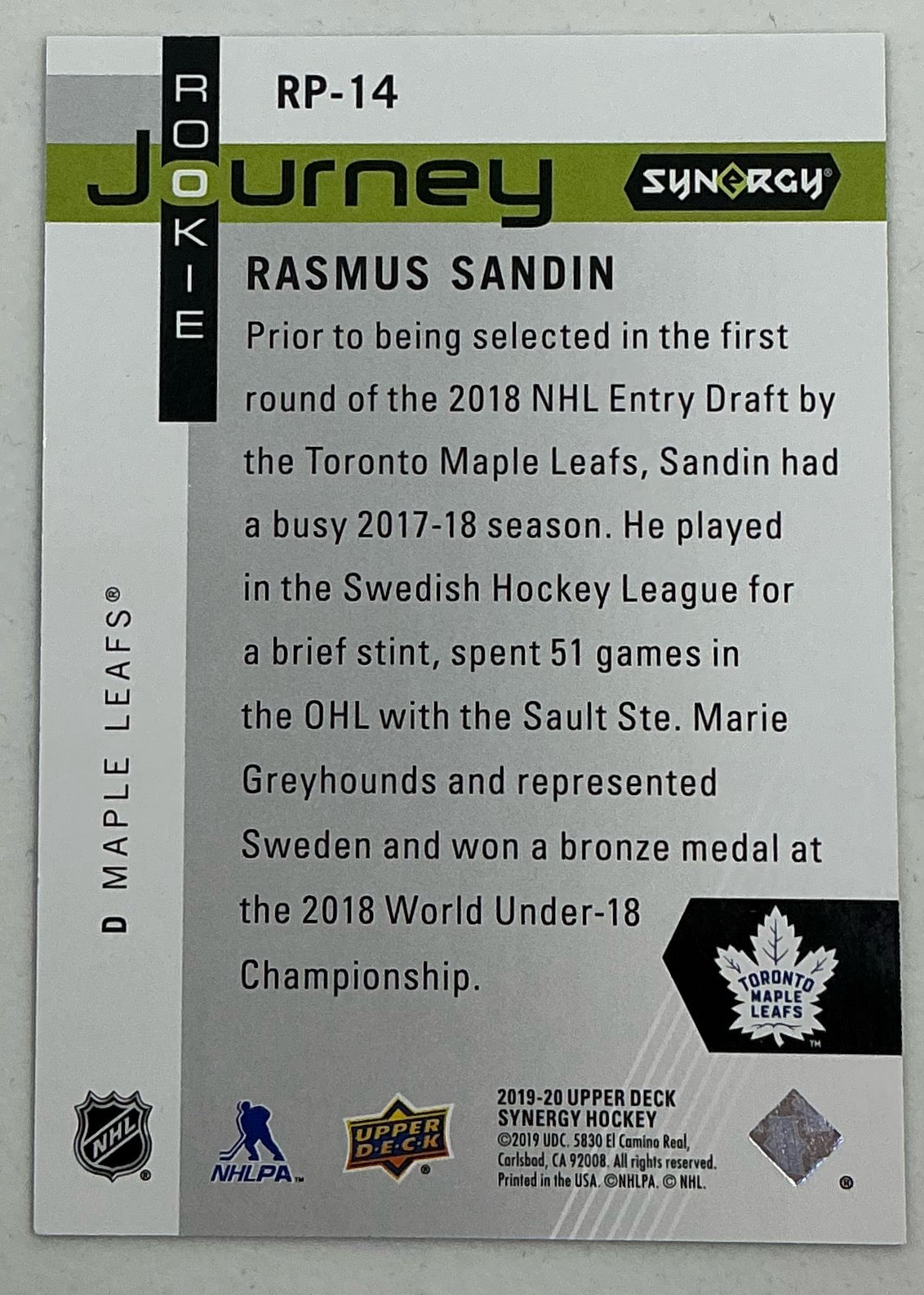 2019-2020 UD Synergy Rookie Journey Rasmus Sandin #RP-14 /999