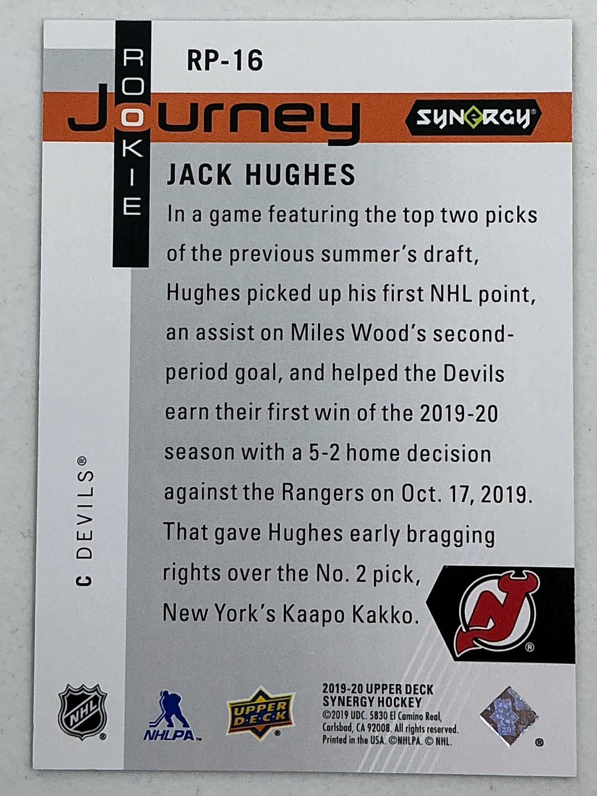 2019-2020 UD Synergy Rookie Journey Jack Hughes #RP-16 /799