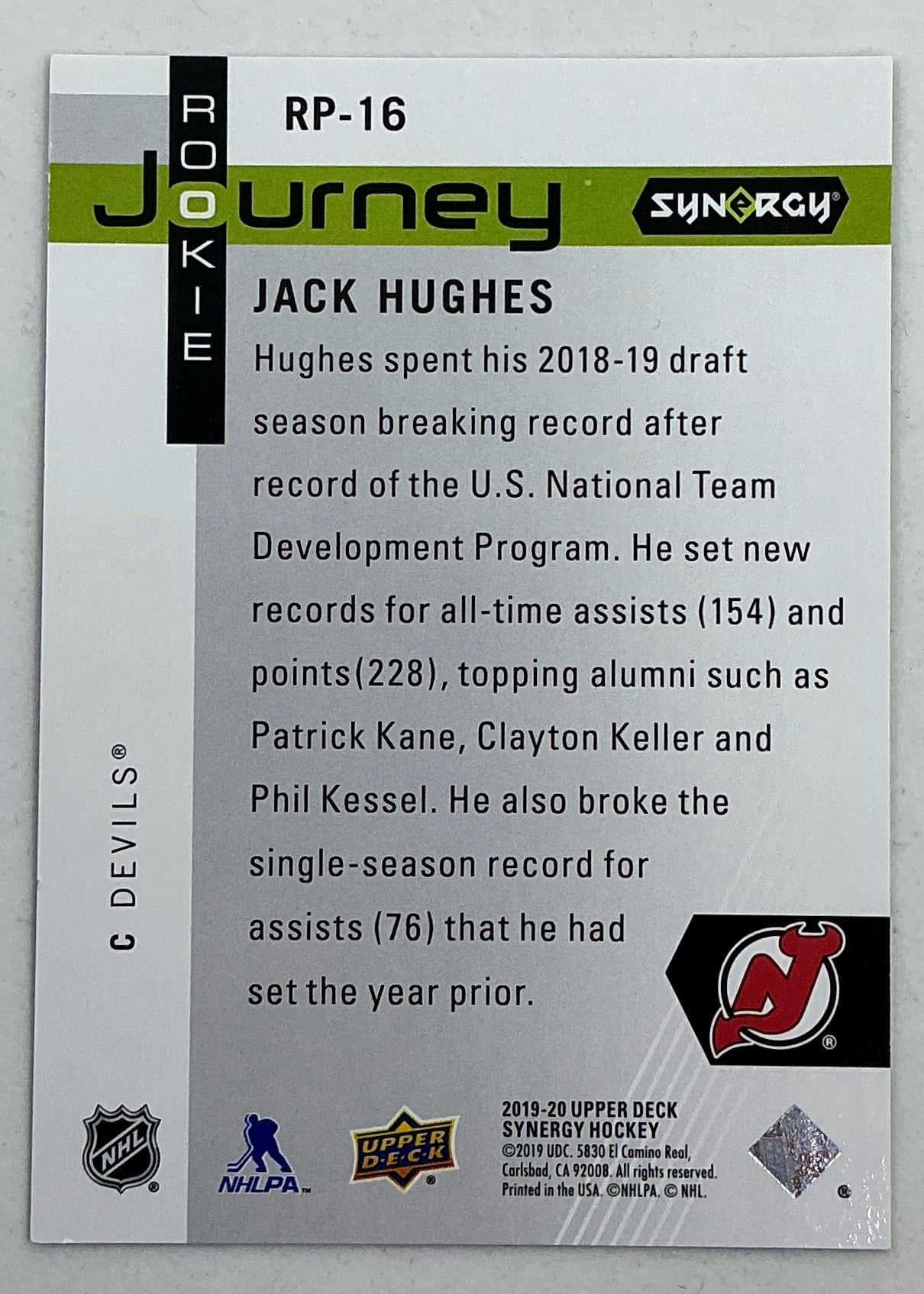 2019-2020 UD Synergy Rookie Journey Jack Hughes #RP-16 /999