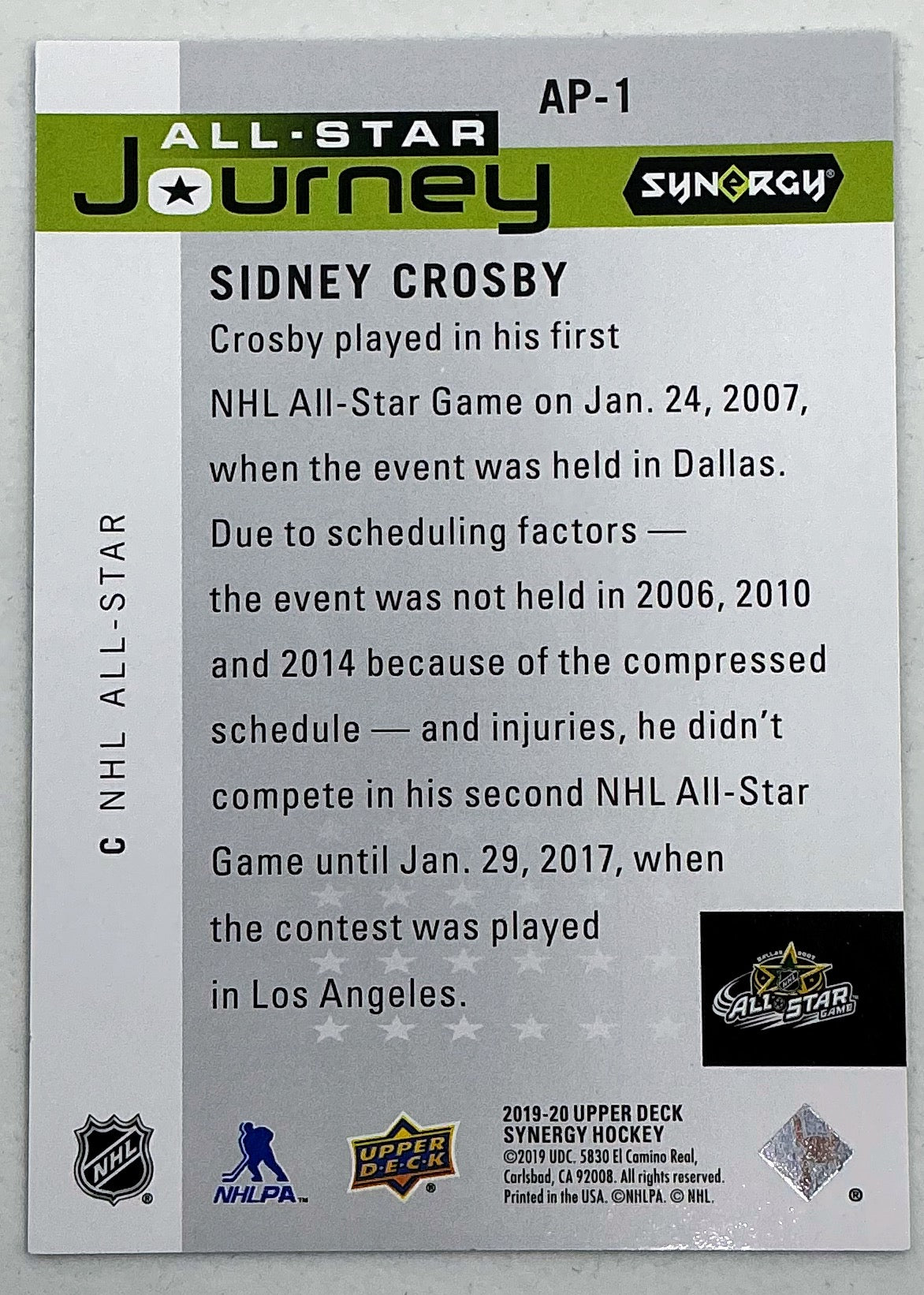 2019-2020 UD Synergy All-Star Journey Sidney Crosby #AP-1 /999