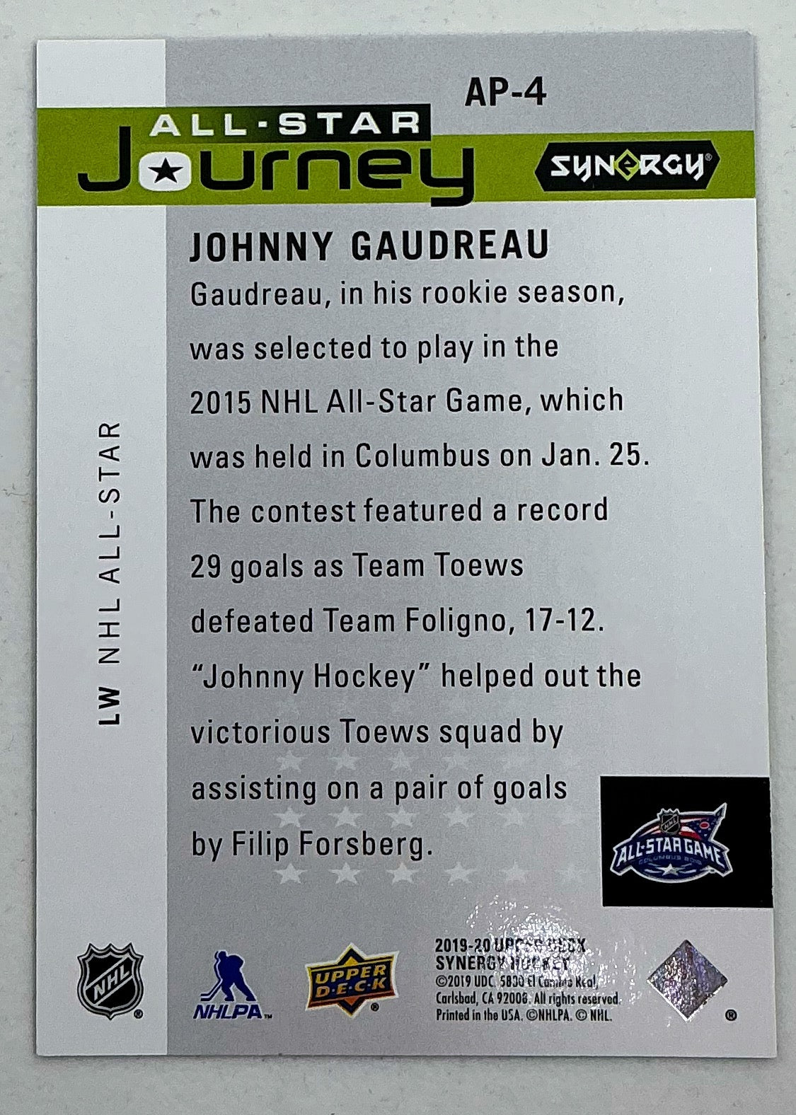 2019-2020 UD Synergy All-Star Journey Johnny Gaudreau #AP-4 /999