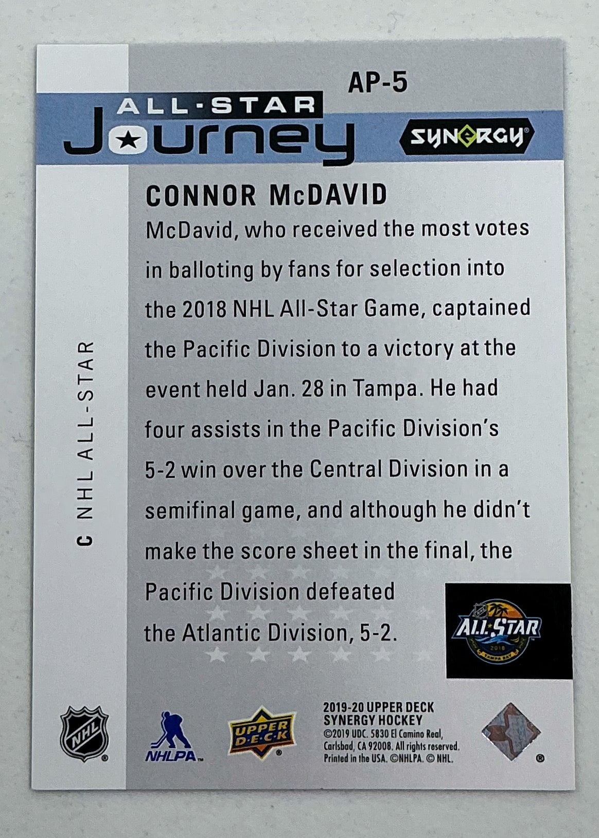 2019-2020 UD Synergy All-Star Journey Connor McDavid #AP-5 /899