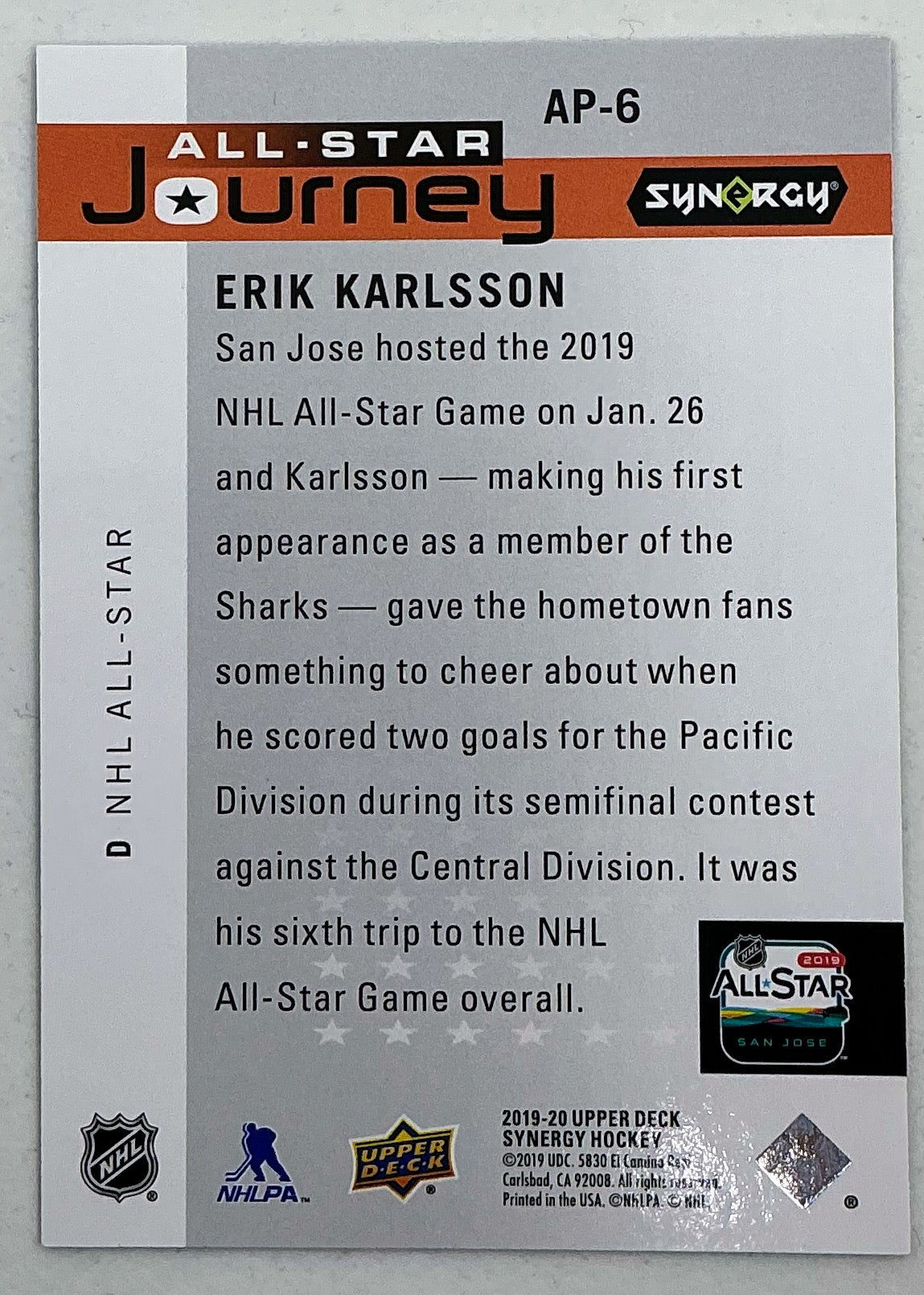 2019-2020 UD Synergy All-Star Journey Erik Karlsson #AP-6 /999