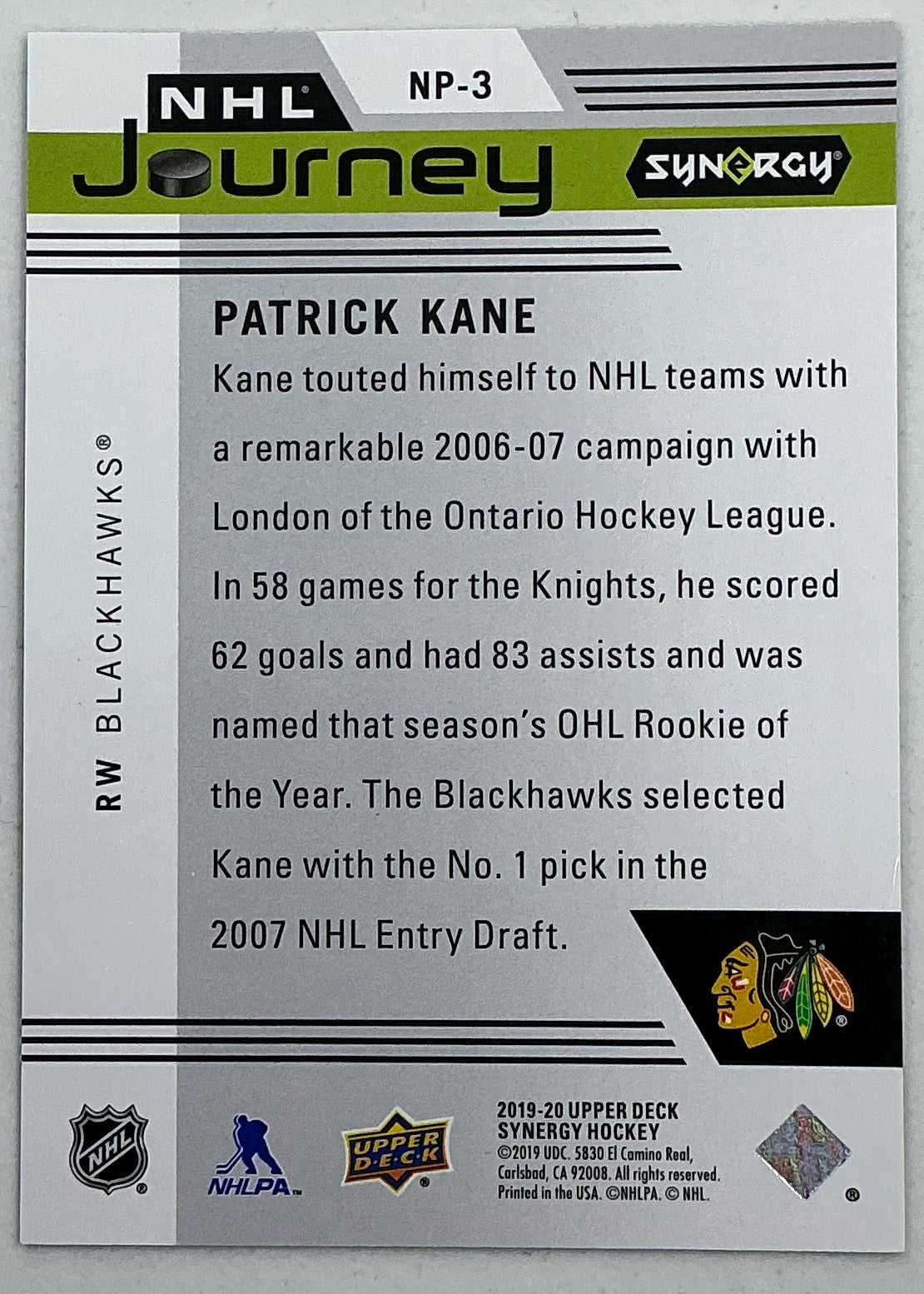 2019-2020 UD Synergy NHL Journey Patrick Kane #NP-3 /999