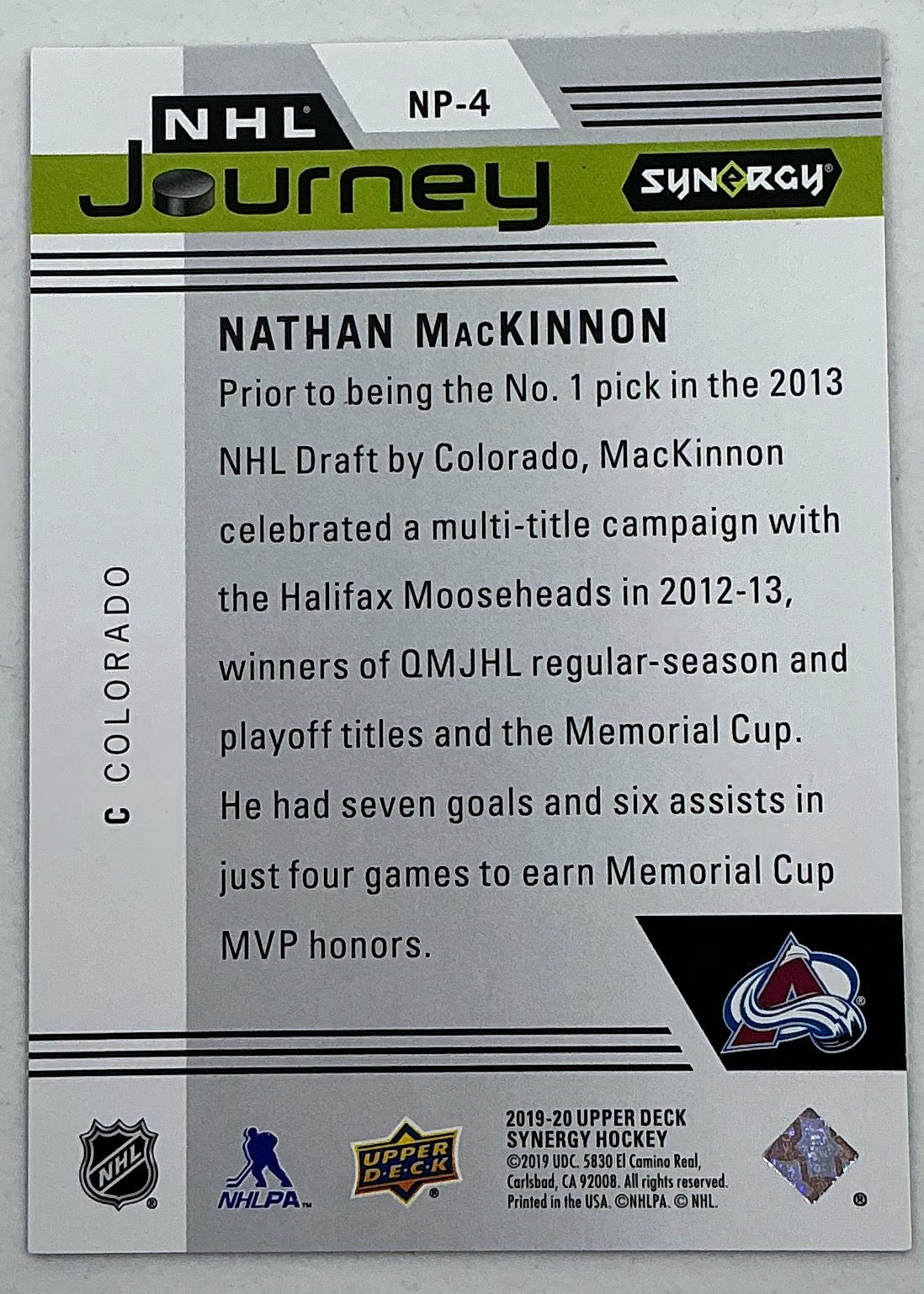 2019-2020 UD Synergy NHL Journey Nathan MacKinnon #NP-4 /999
