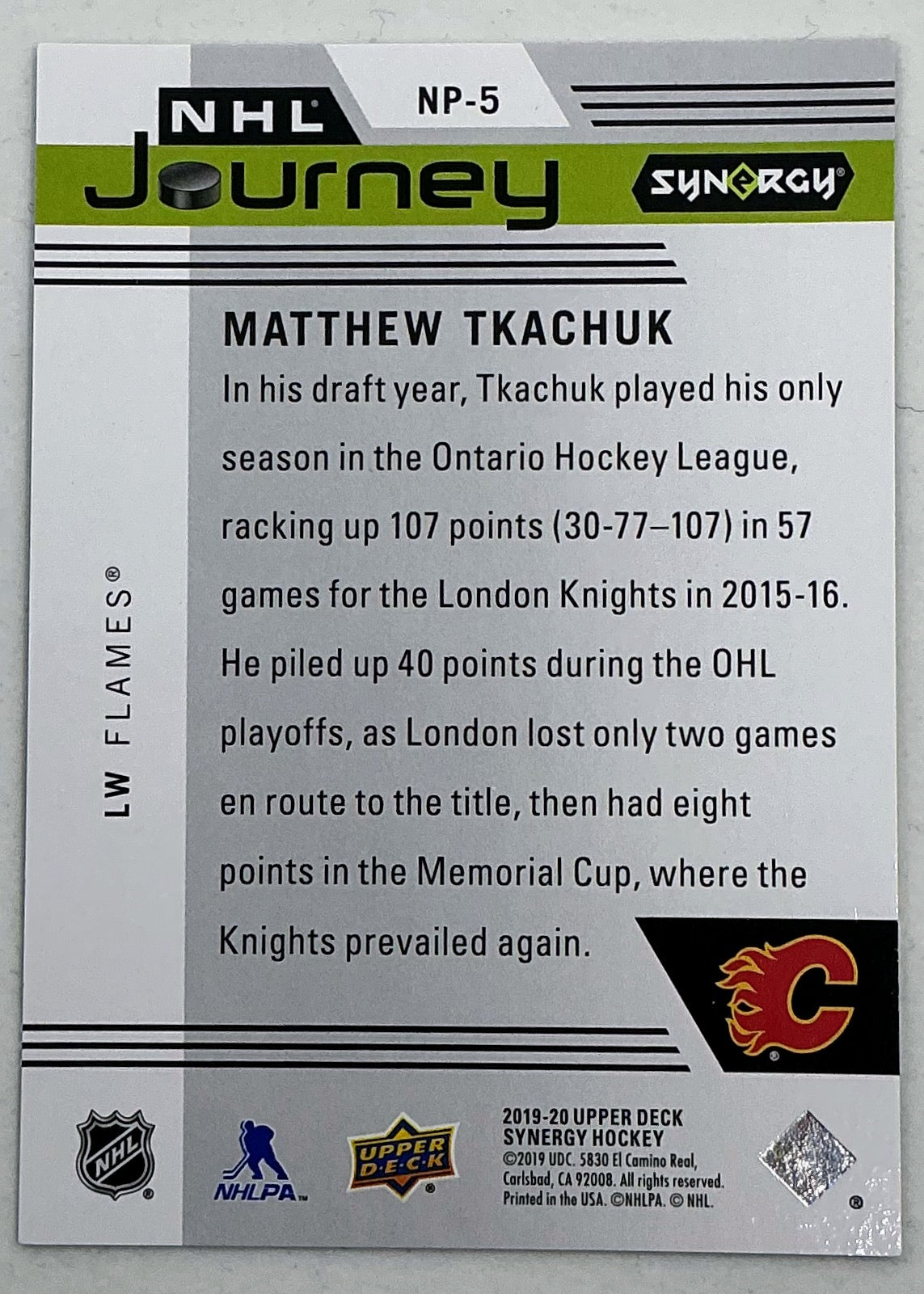 2019-2020 UD Synergy NHL Journey Matthew Tkachuk #NP-5 /999