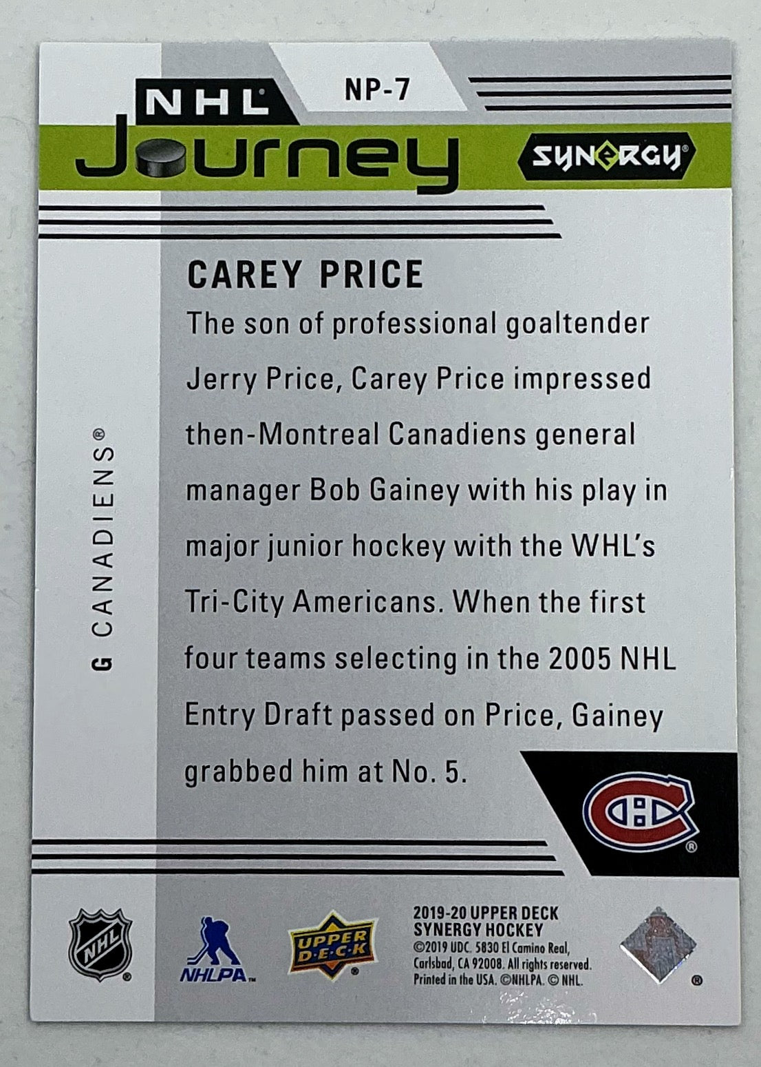 2019-2020 UD Synergy NHL Journey Carey Price #NP-7 /999