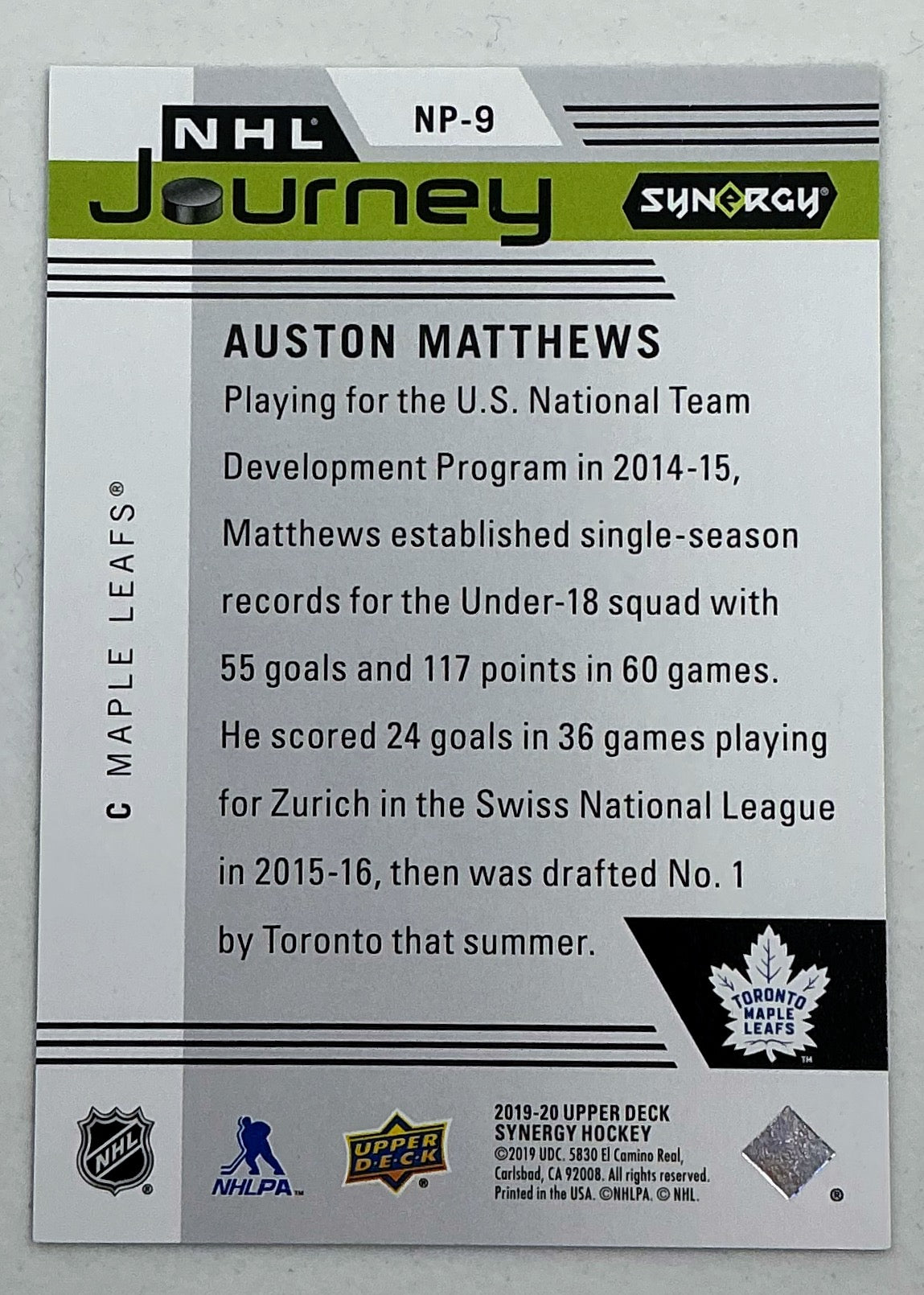2019-2020 UD Synergy NHL Journey Auston Matthews #NP-9
