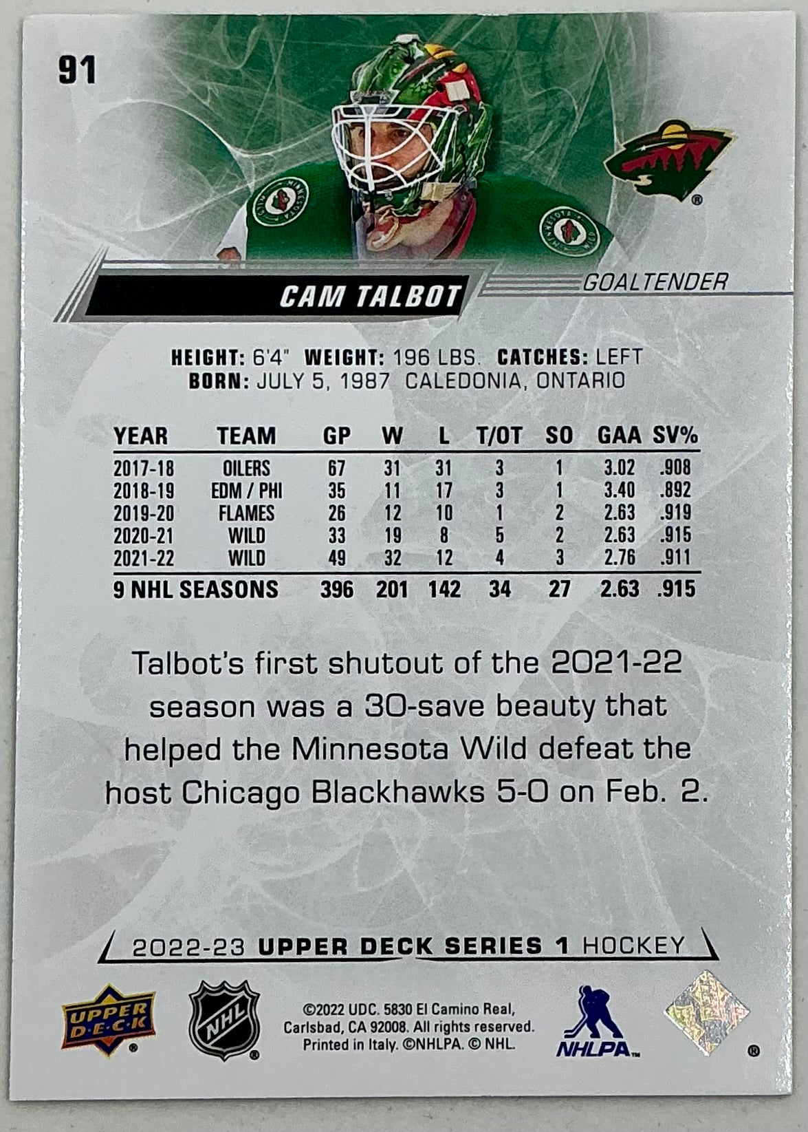 2022-2023 NHL Series 1 Cam Talbot