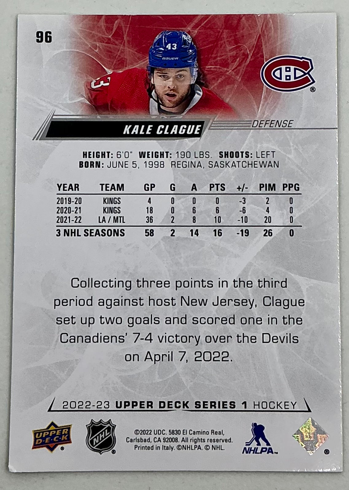 2022-2023 NHL Series 1 Kale Clague