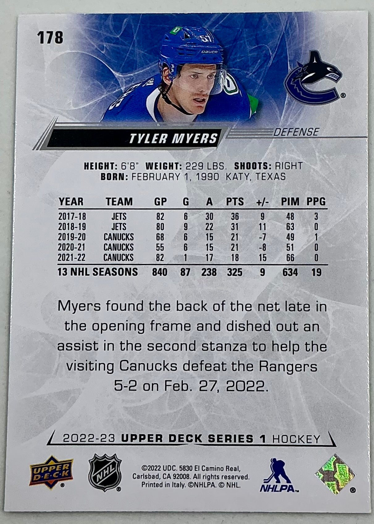 2022-2023 NHL Series 1 Tyler Myers