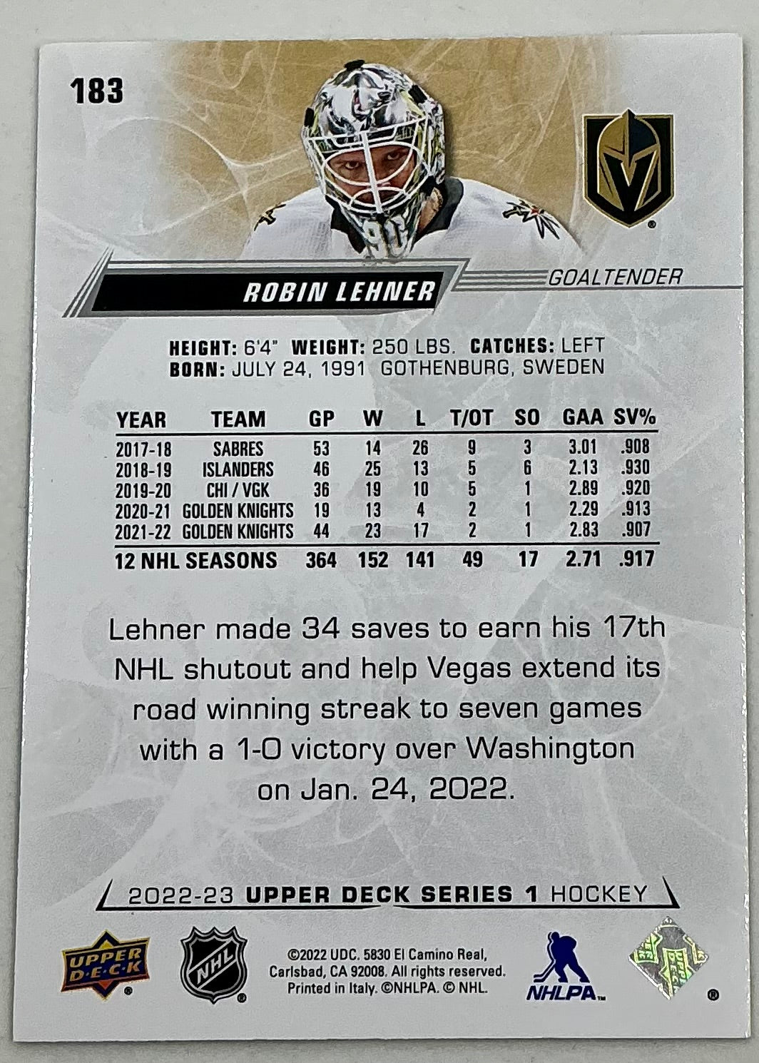 2022-2023 NHL Series 1 Robin Lehner