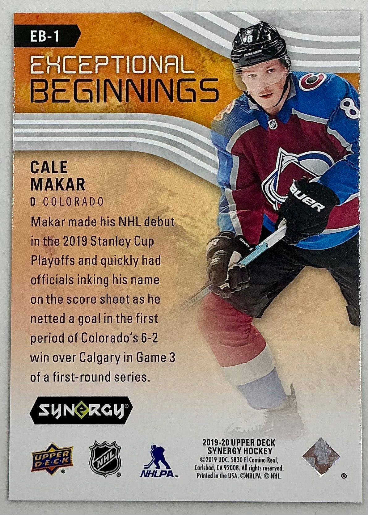 2019-2020 UD Exceptional Beginnings Cale Makar #EB-1 /399