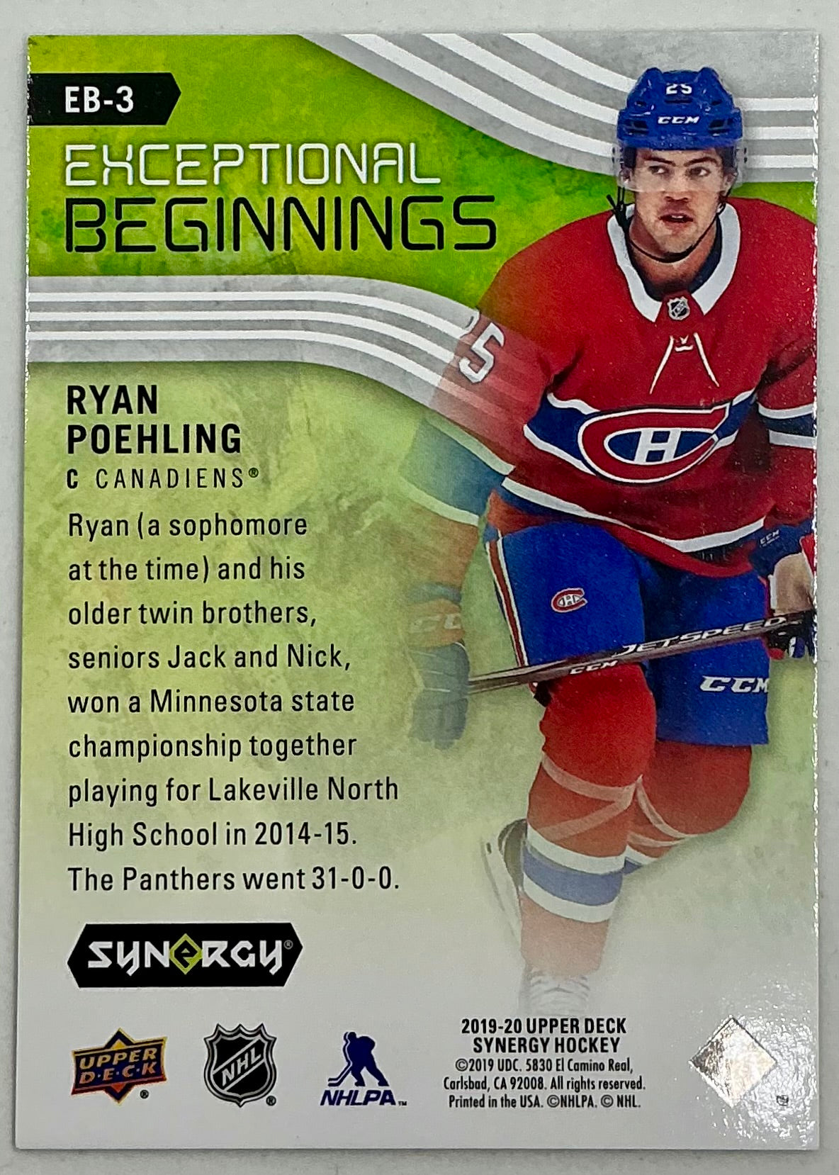 2019-2020 UD Exceptional Beginnings Ryan Poehling #EB-3 /999