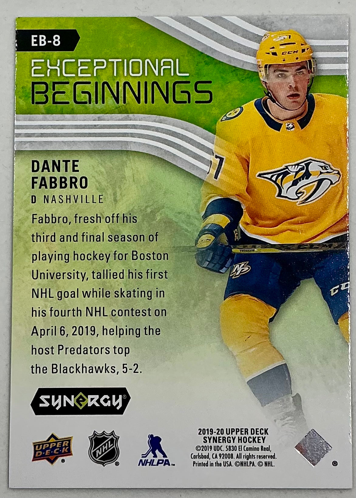2019-2020 UD Exceptional Beginnings Dante Fabbro #EB-8 /999
