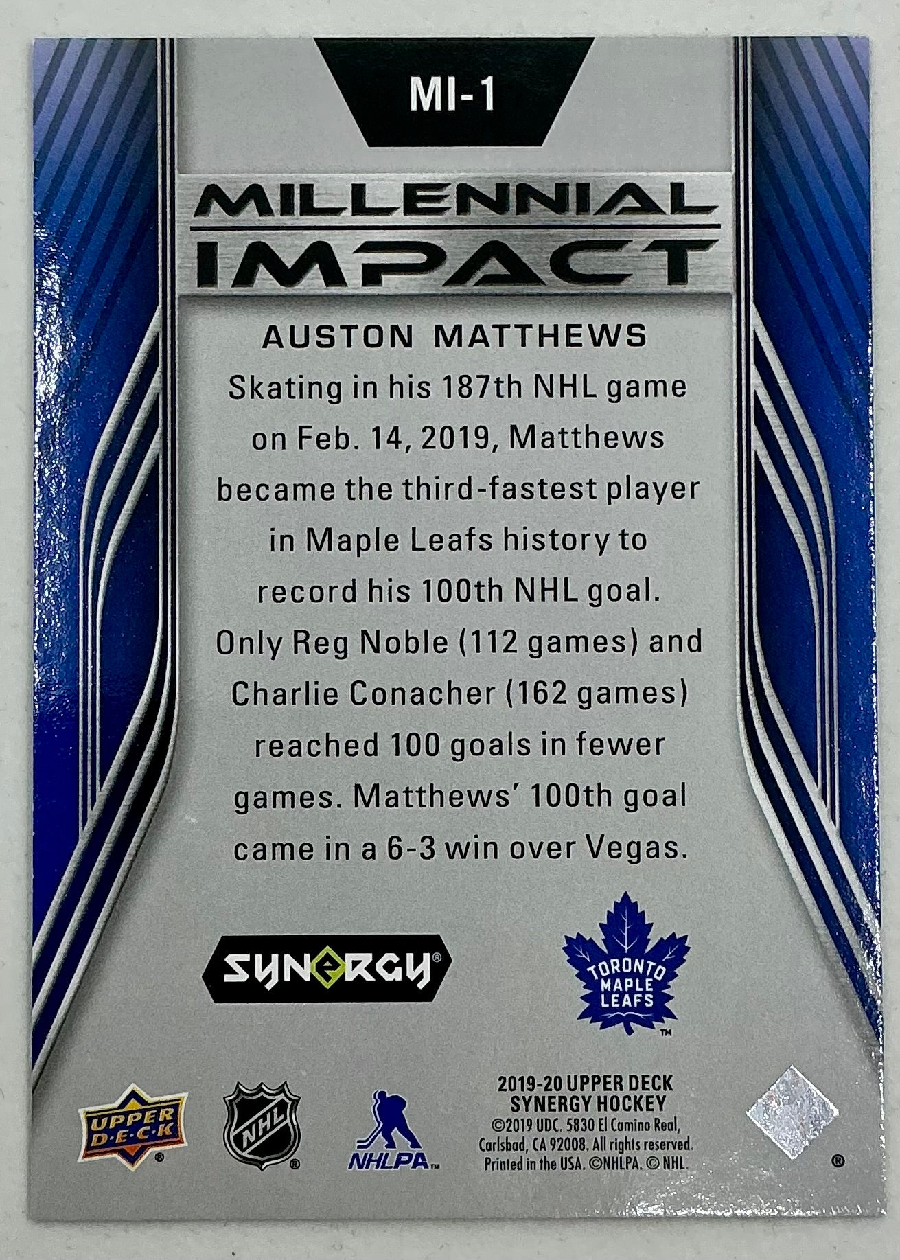 2019-2020 UD Millennial Impact Auston Matthews #MI-1