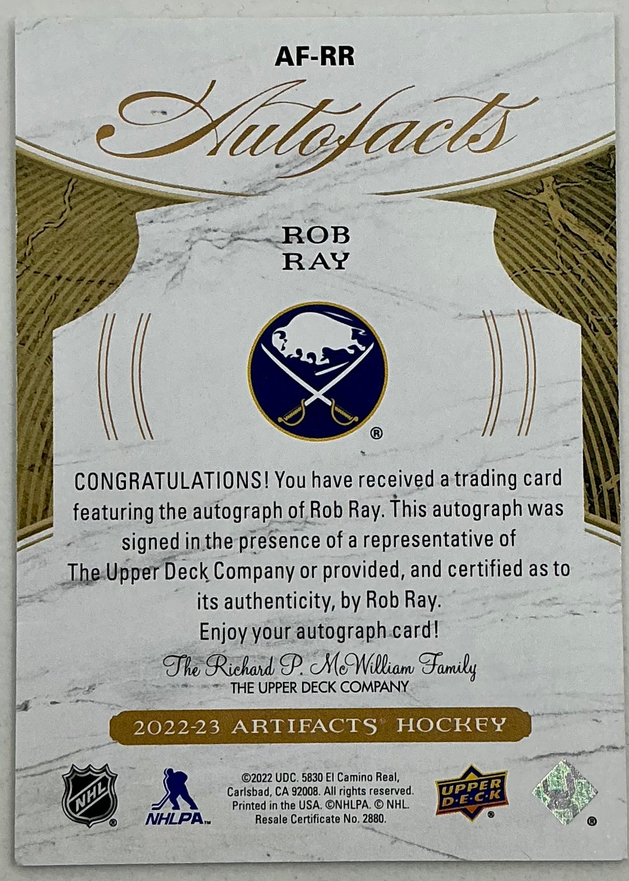 2022-2023 UD Artifacts Autograph Rob Ray