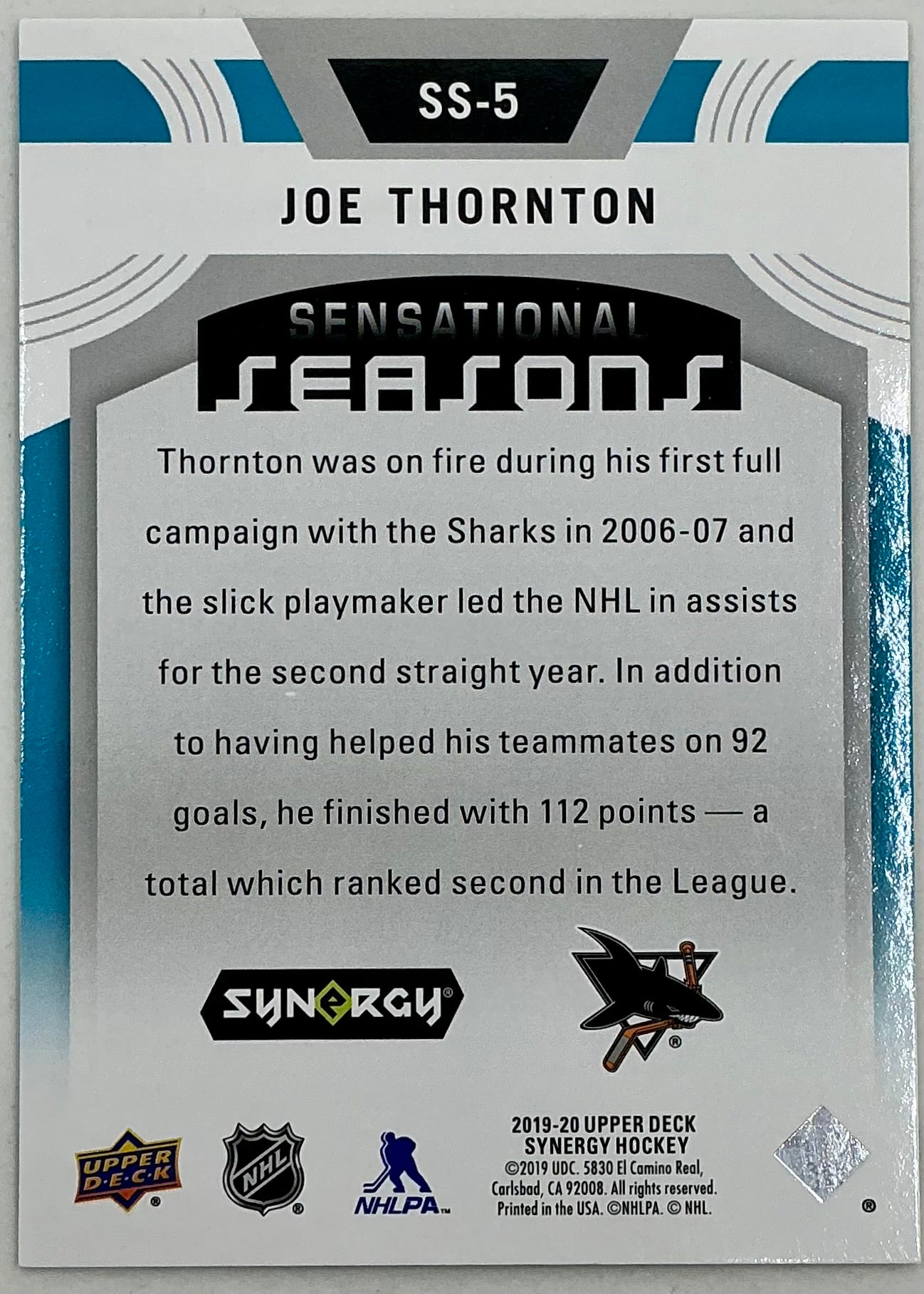 2019-2020 UD Sensational Seasons Joe Thornton #SS-5