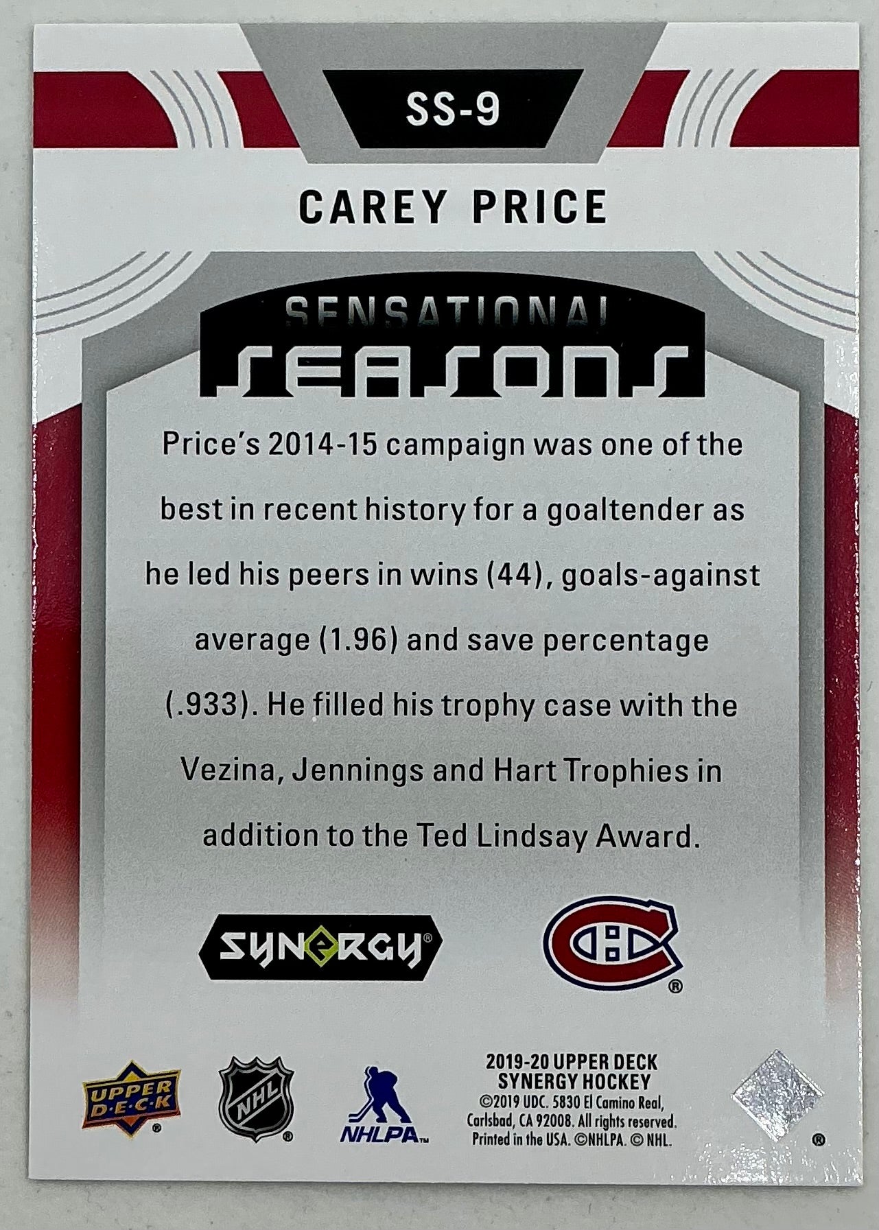 2019-2020 UD Sensational Seasons Carey Price #SS-9