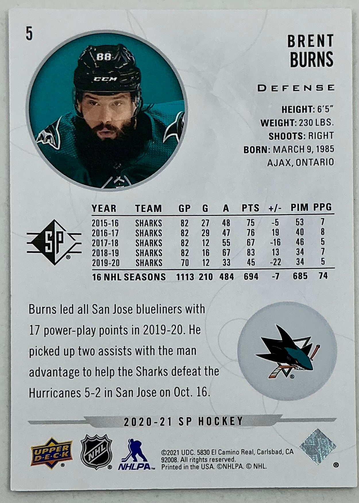 2020-2021 SP Authentic Brent Burns #5