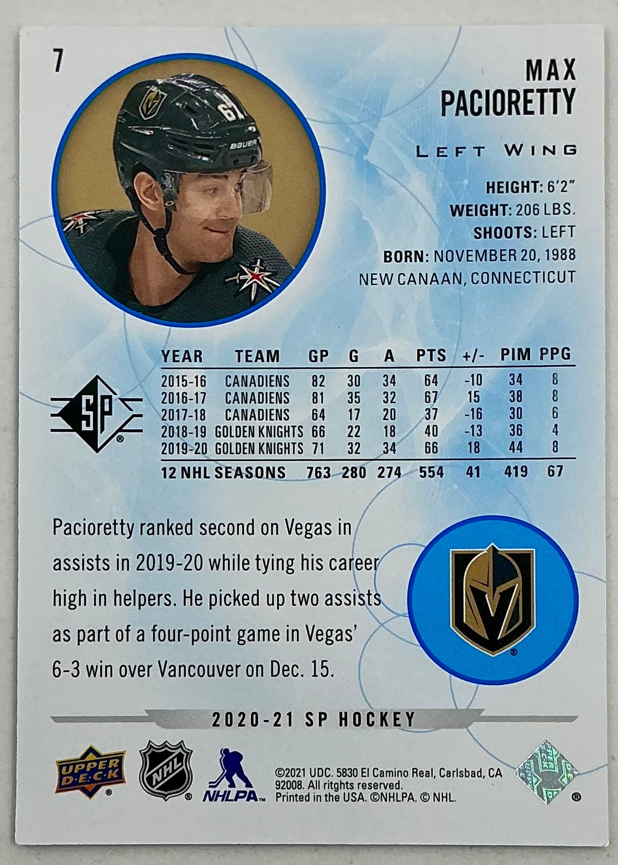 2020-2021 SP Authentic Max Pacioretty #7 [Blue]