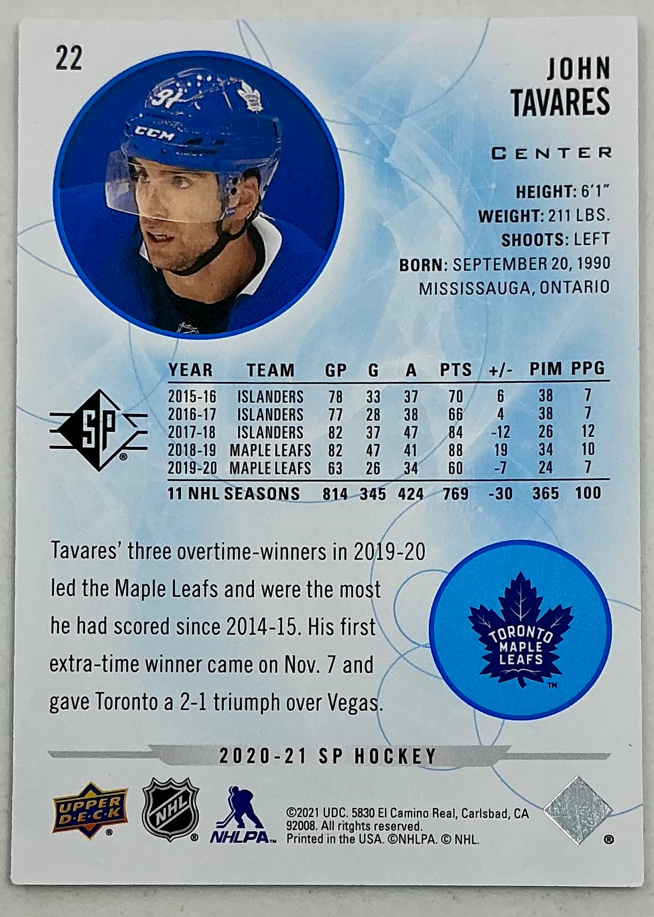 2020-2021 SP Authentic John Tavares #22 [Blue]