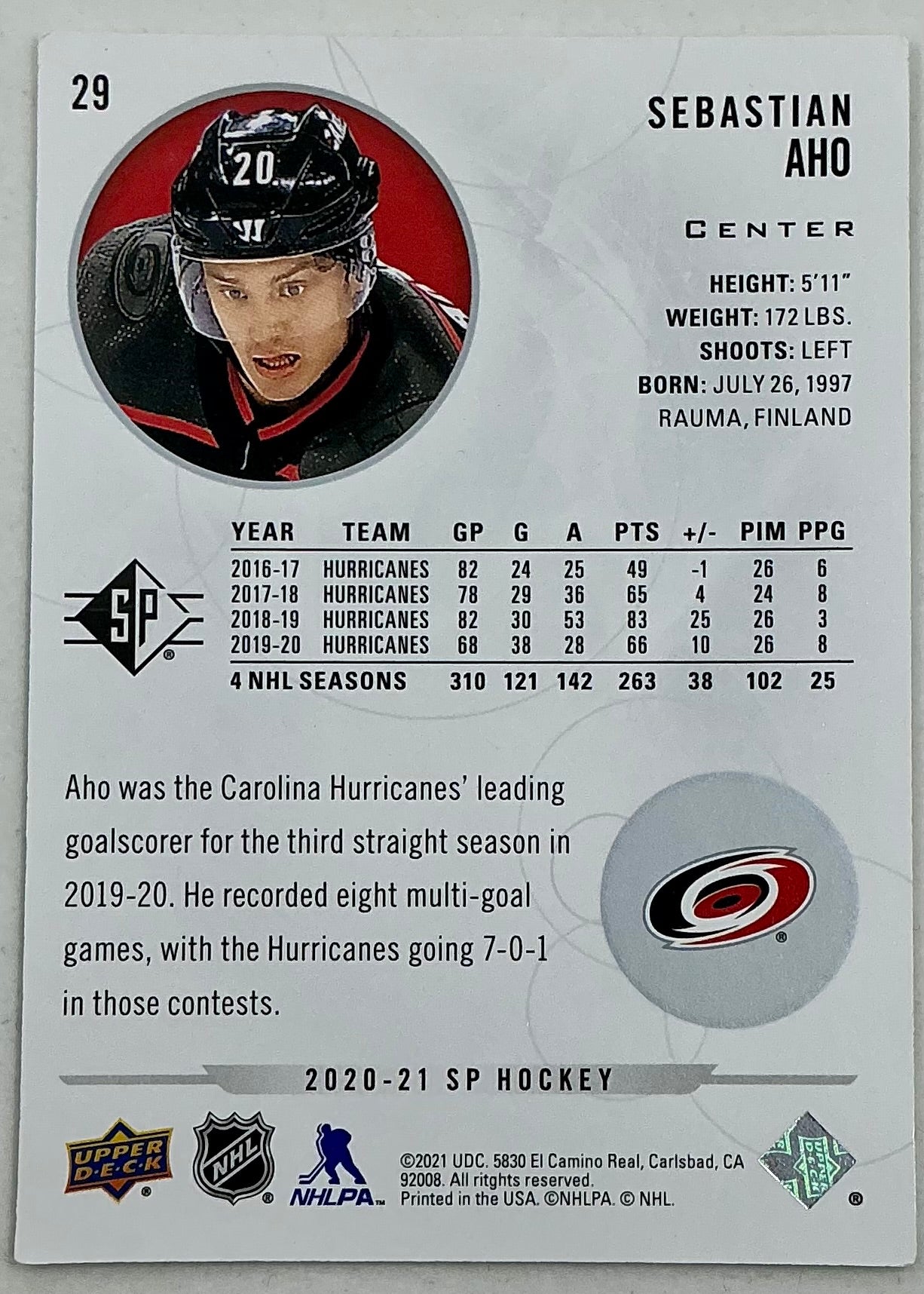 2020-2021 SP Authentic Sebastian Aho #29