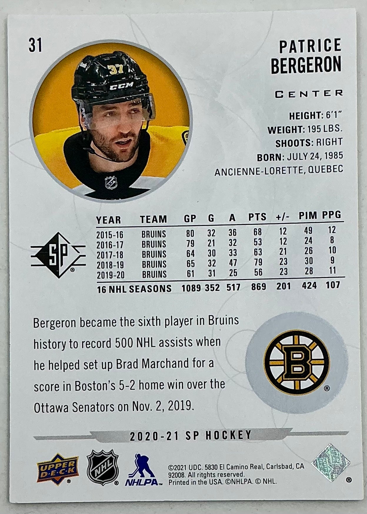 2020-2021 SP Authentic Patrice Bergeron #31
